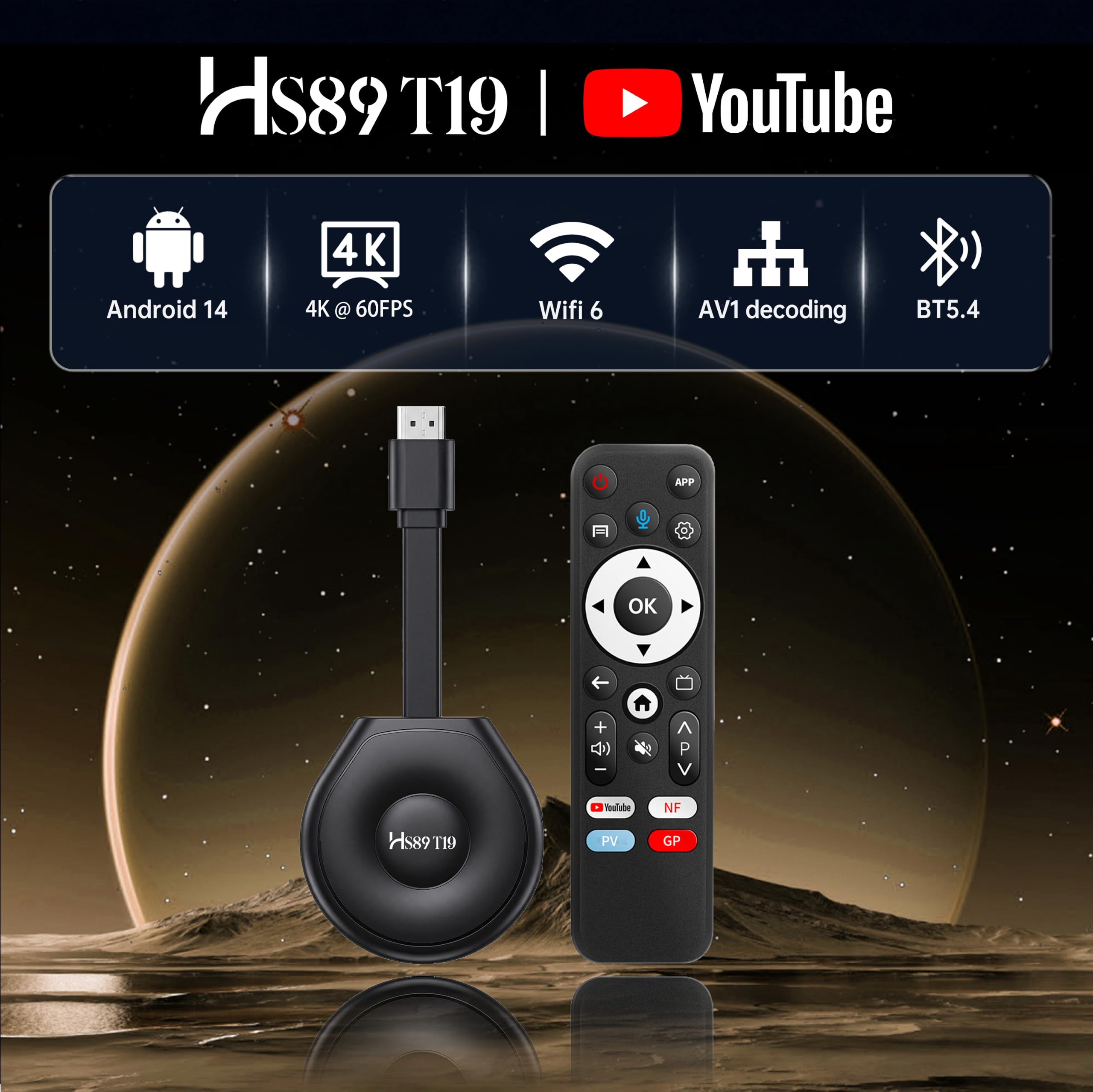 HS89 T19 TV Stick Android 14 4K Ultra HD, 2 Go RAM 16Go ROM RK3539 WiFi 6 Bluetooth 5.4 HDR10+, Smart TV Stick Box Android 14.0 avec Assistant de Télécommande Vocale, Appareil de Streaming Intelligent