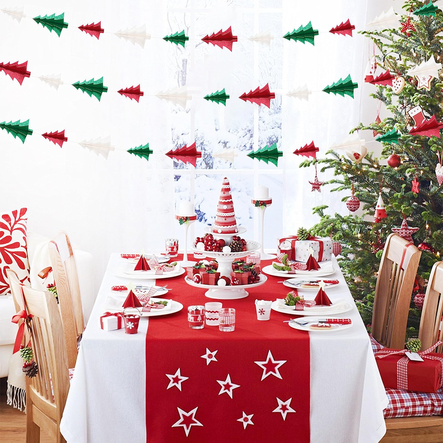 Guirnalda de decoración de árbol de Navidad verde y blanco y rojo, 25 pies, pancarta de serpentinas de papel para colgar, cumpleaños, boda, baby shower, despedida de soltera Ouruola