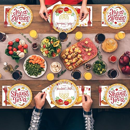 Miniatura 5 de 96 piezas Rosh Hashanah platos y servilletas suministros para fiesta, Shana Tova High Holy Day Juego de vajilla judía para fiesta de Año Nuevo,