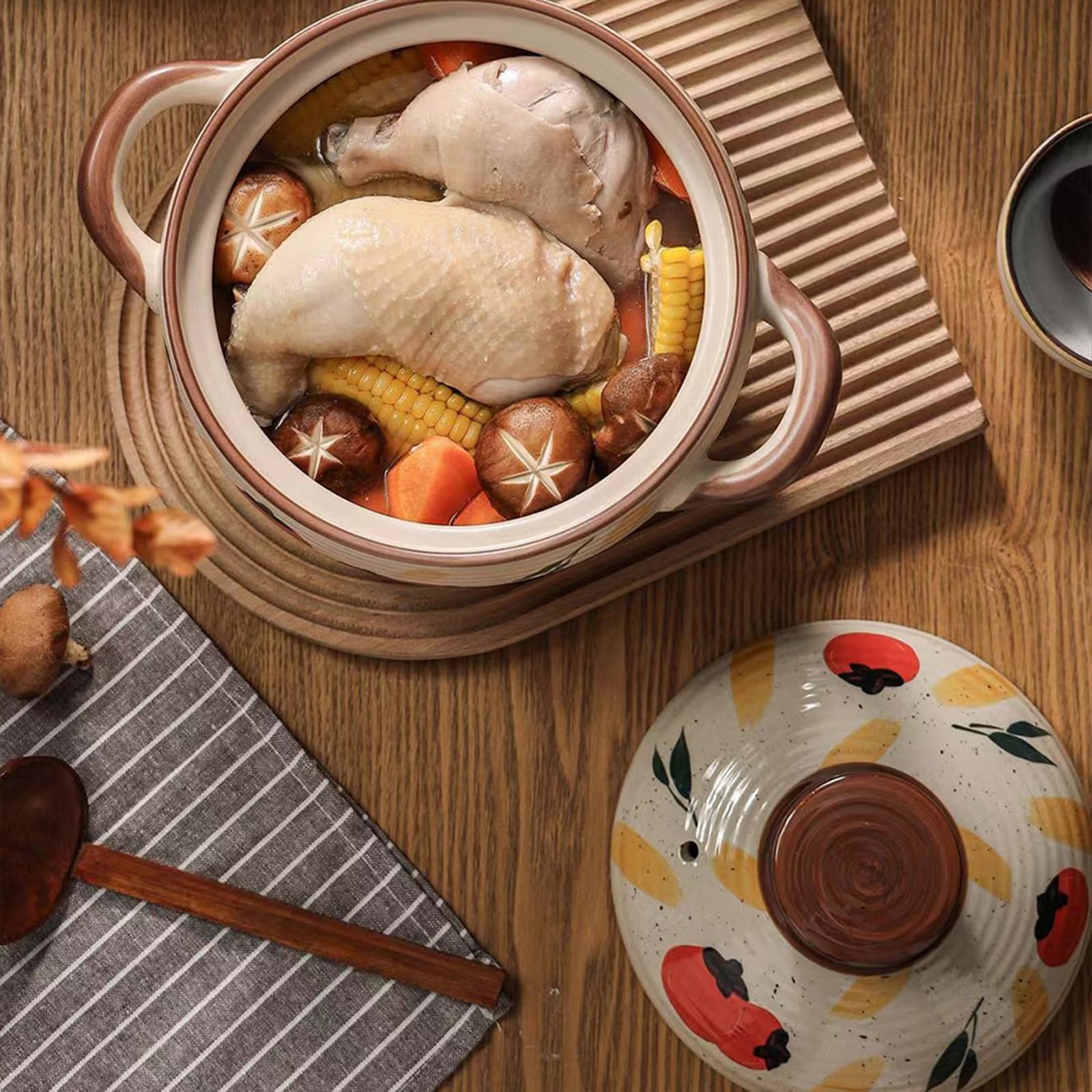 Casseruola in ceramica, Pirofila con Coperchio in Terracotta, Pentola per Stufato, Zuppa, Vapore, Resistente al Calore (Cachi, 2,95 QT)