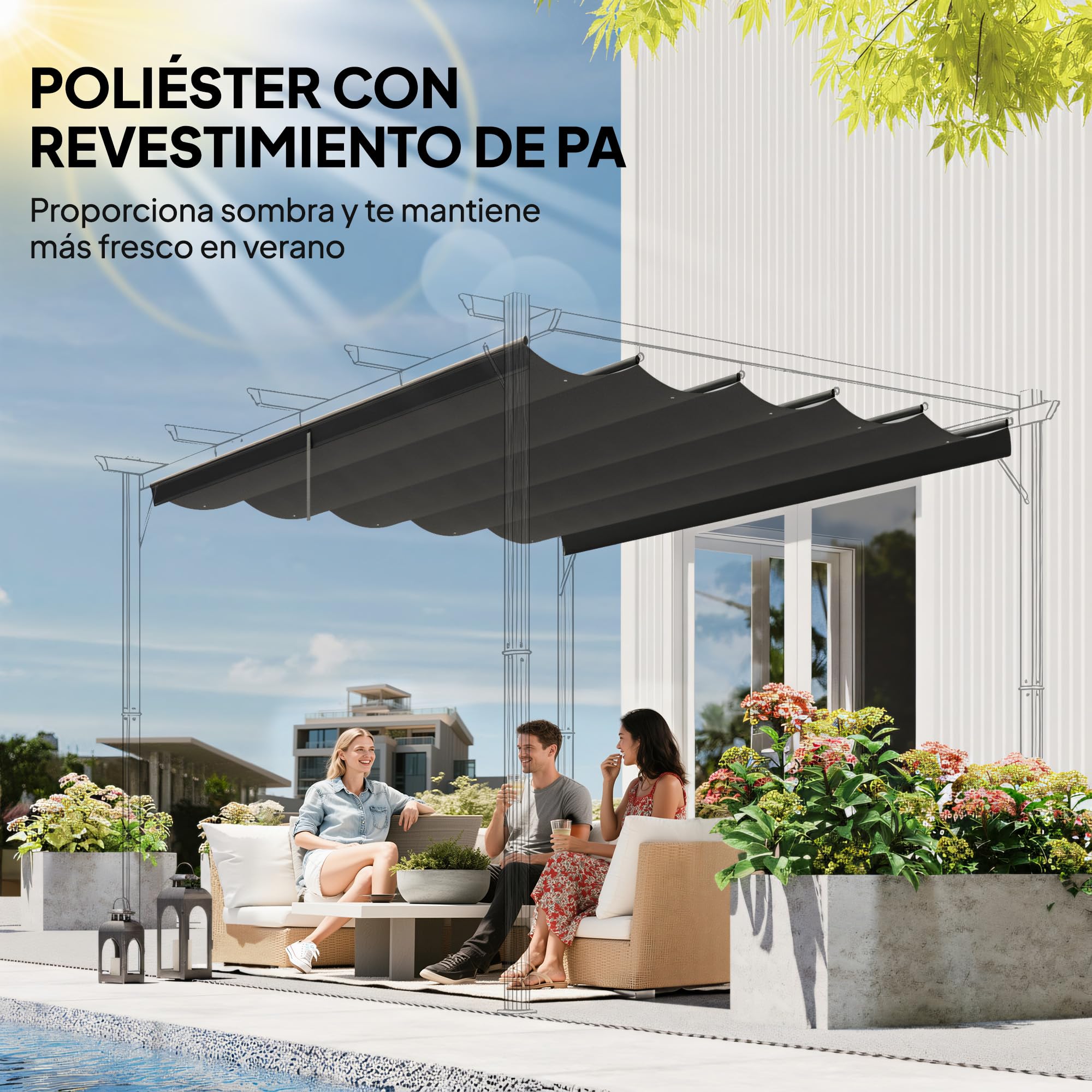 Outsunny Techo de Pérgola 3,5x2,6 m, Techo de Repuesto Retráctil para Marco de Pérgola de 4x3 m, UV30+, Toldo de Tela Solo para Cenador Jardín con 10 Orificios de Drenaje, Gris Oscuro