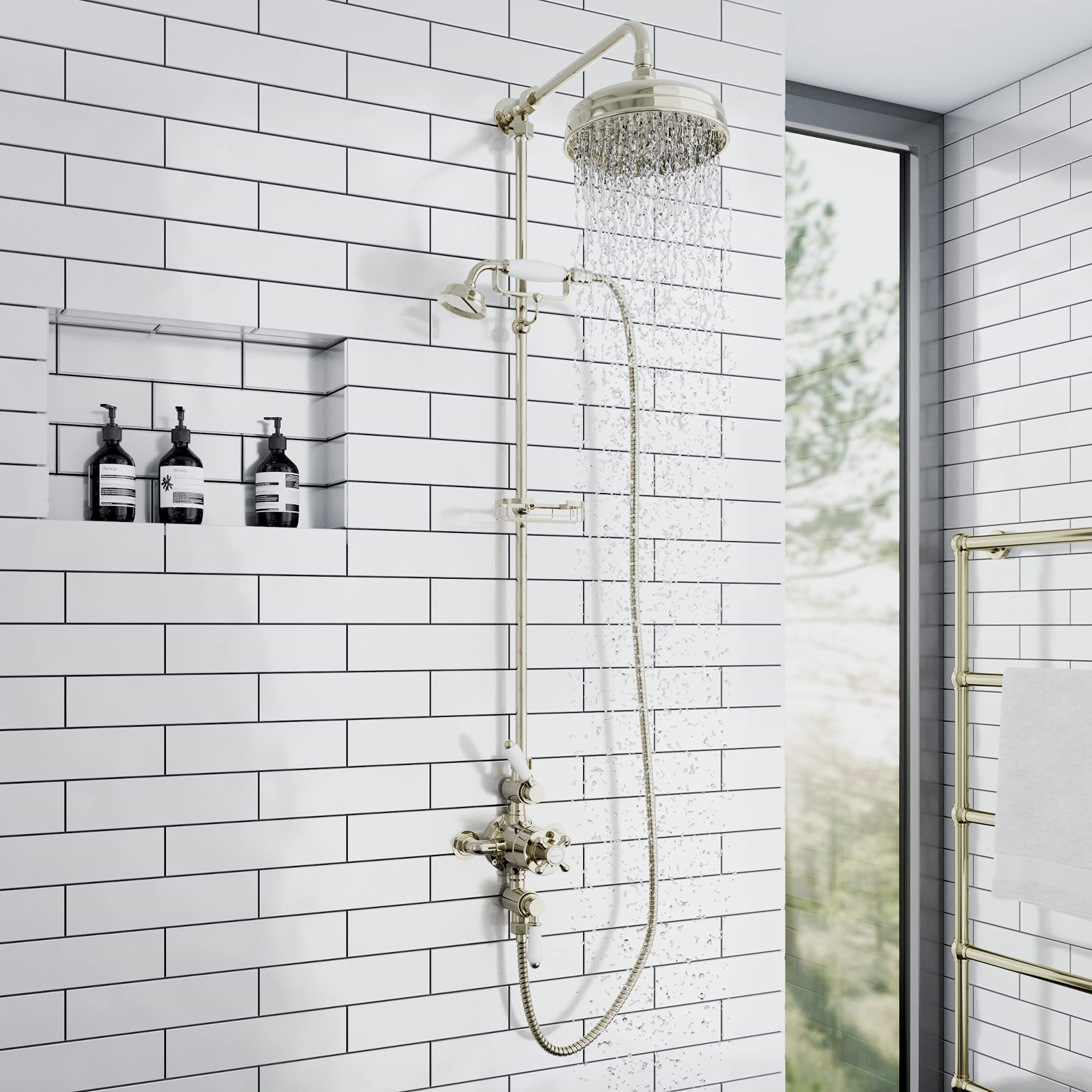 Enki Downton English Gold White Traditional Bathroom Brass Ceramic Thermostatic 2-Outlet Telephone Shower Head & Riser Rail Kit from B&Q