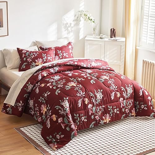 Miniatura 2 de Joyreap Bed in a Bag King, juego de sábanas de edredón floral de 7 piezas, hojas coloridas sobre blanco para todas las estaciones, 1 edredón, 2