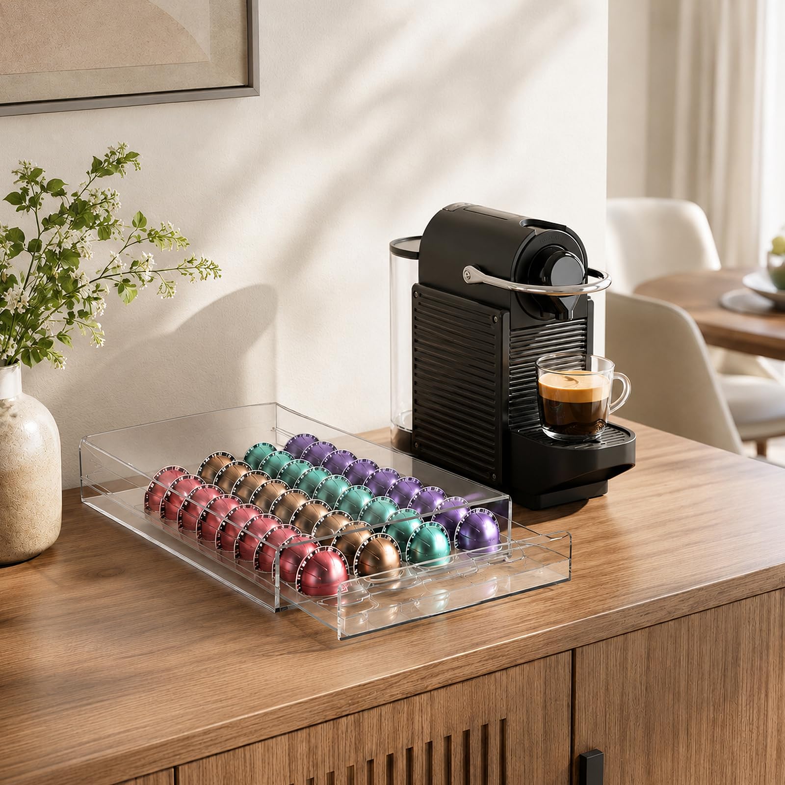 Soporte acrílico para cápsulas de café, 40 soportes transparentes para cápsulas Nespresso Vertuo, dispensador de cajones de cápsulas que ahorra espacio, soporte para máquina de café para