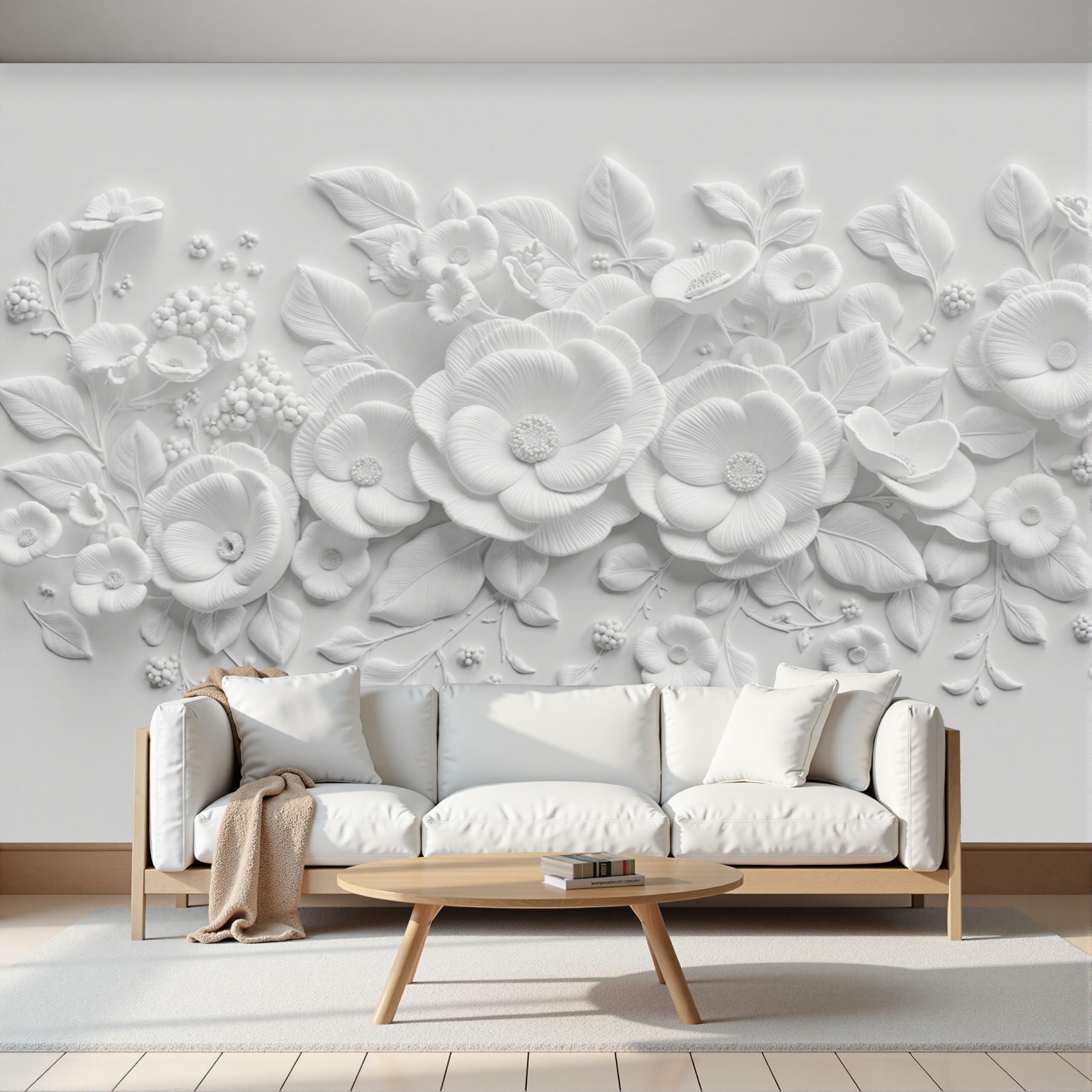 Fototapete Vlies Tapete 3D Effekt Fototapeten Einfarbiges Blumenrelief Vliestapete Einfache Pflanzen Tapeten Weiß Moderne Wandtapete, Wohnzimmer, Tv Hintergrund Deko, 300X210Cm (B×H)