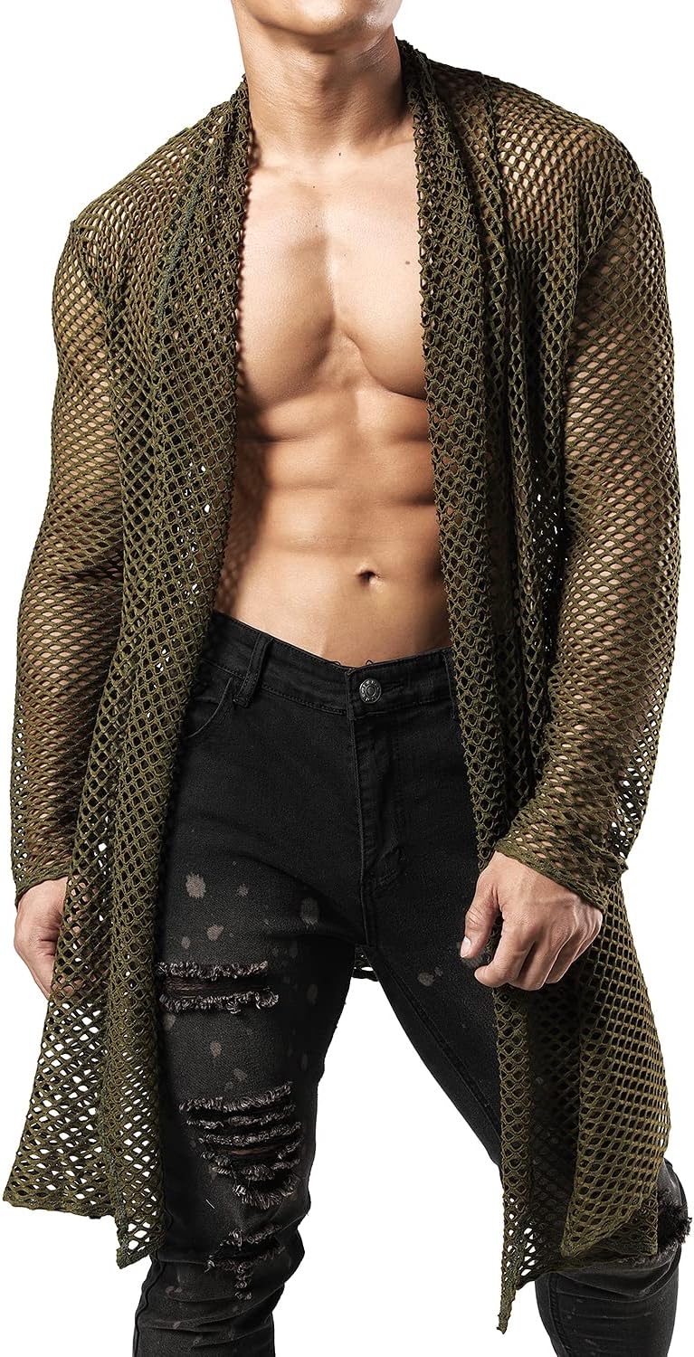 JOGALMen's Mesh Fishnet Cardigan Fitted Muscle Top