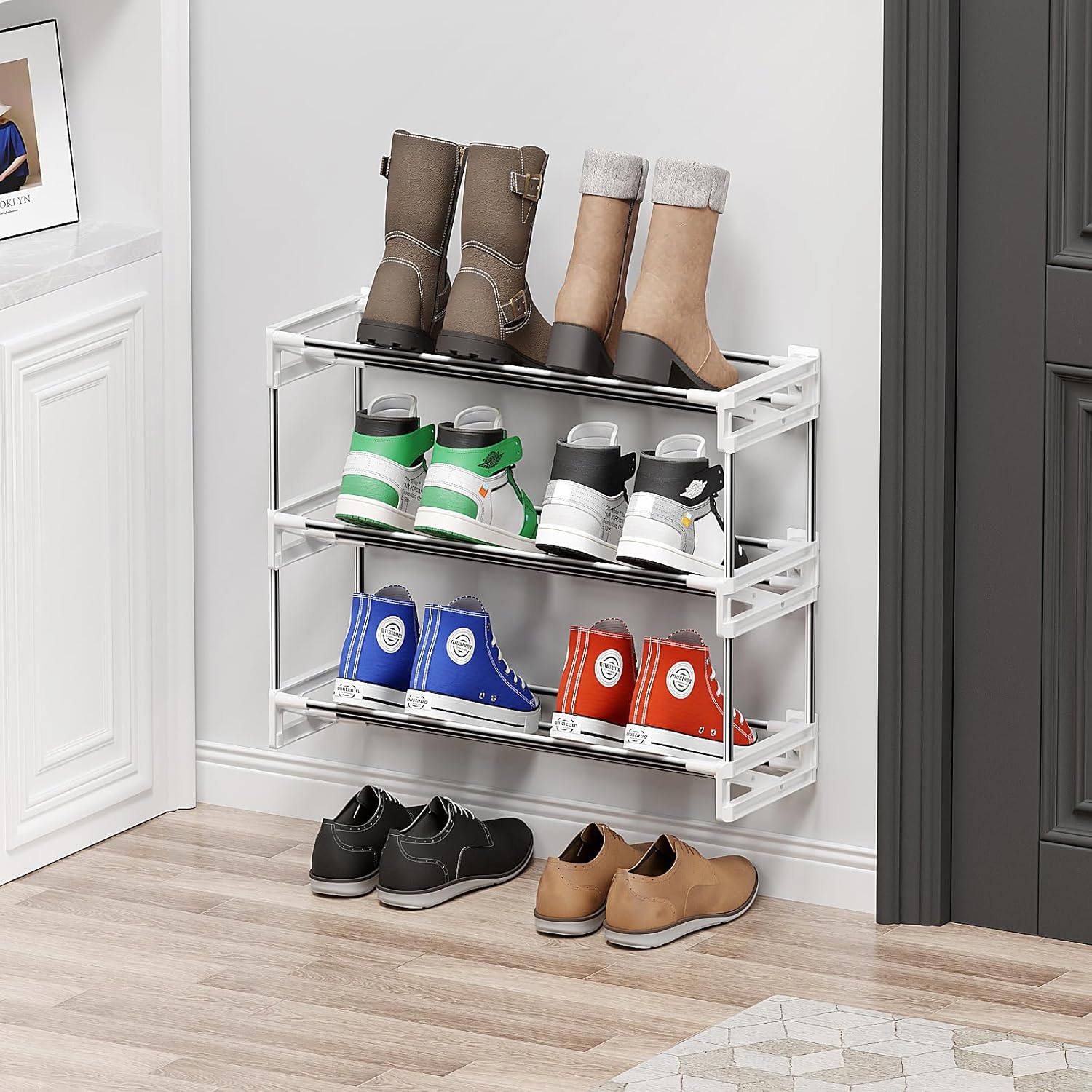 3 Tier Narrow Shoe Rack with Hook and Loop Sticky Adhesive Strips Shoe Shelf for Wall Mounted Slim Shoe Rack Space Saving Design Wall Shoe Organizer for RV