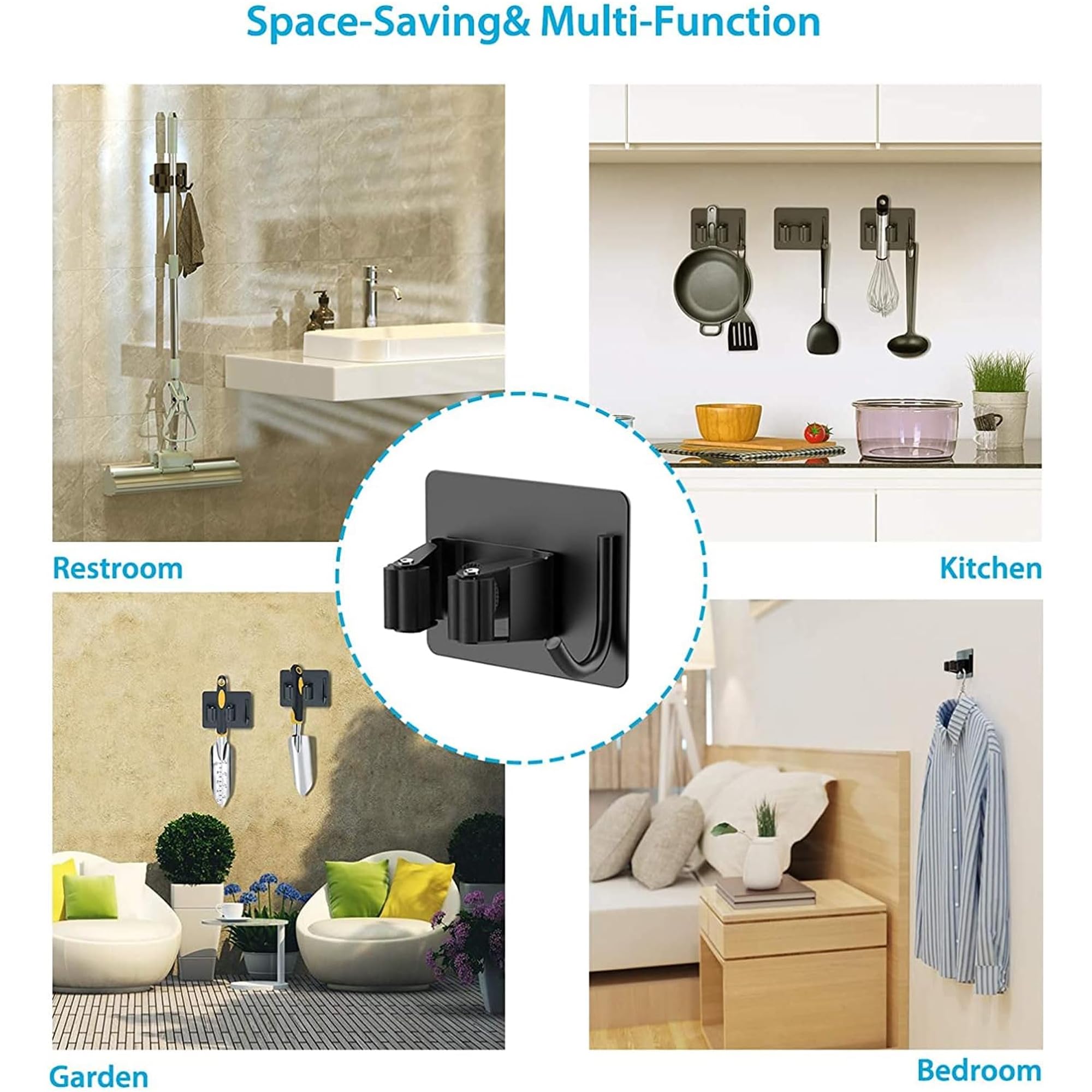 Sulfar 4pcs Broom and Mop Holder Wall Mounted - Steel Self Adhesive Stick Holder for Home Without Drilling (Black) 3
