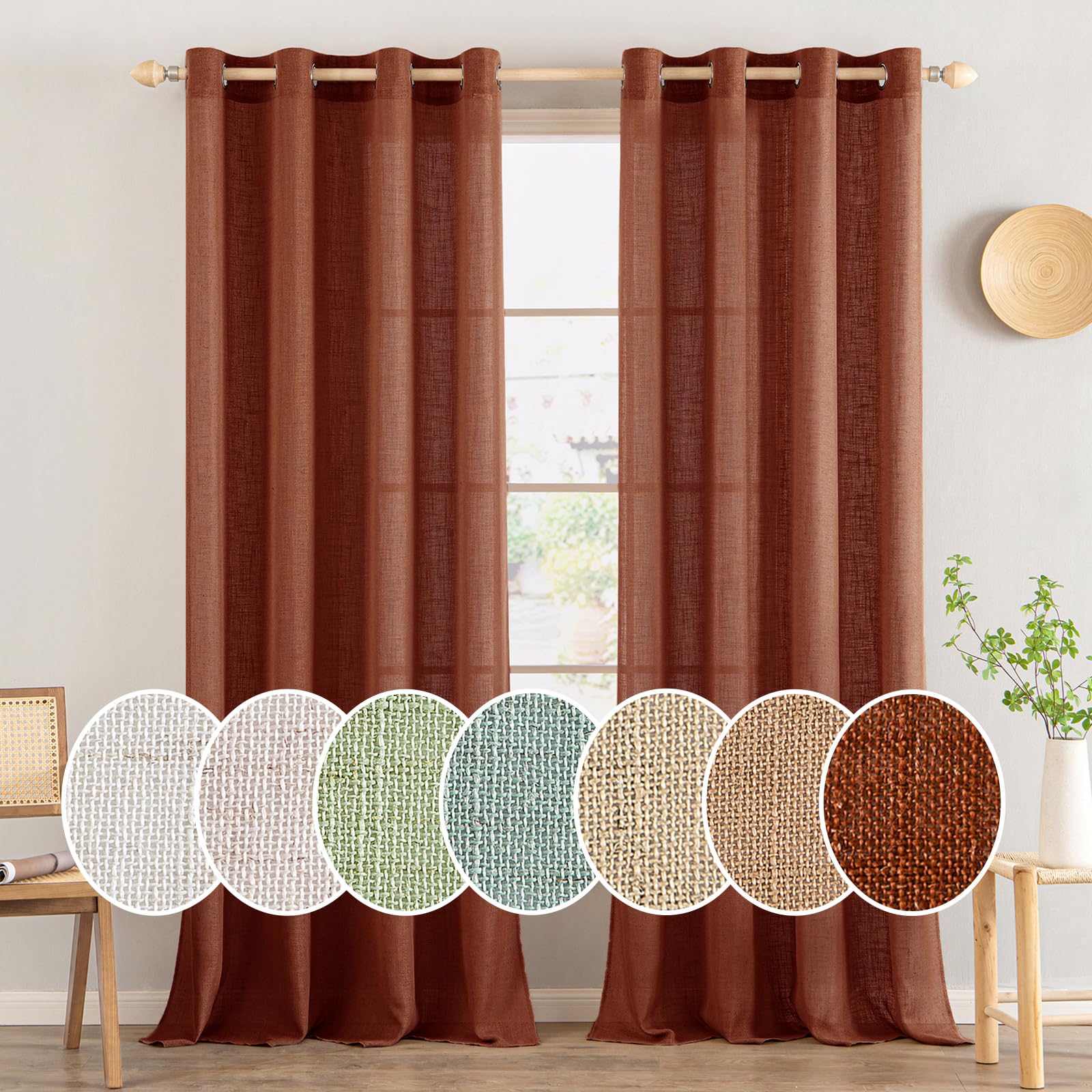 MIULEE Terracotta Linen Curtains 96 Inches Long 2 Panels for Bedroom Living Room, Soft Thick Linen Textured Window Drapes Burnt Orange Rust Fall Boho Decor Semi Sheer Light Filtering Grommet Curtains
