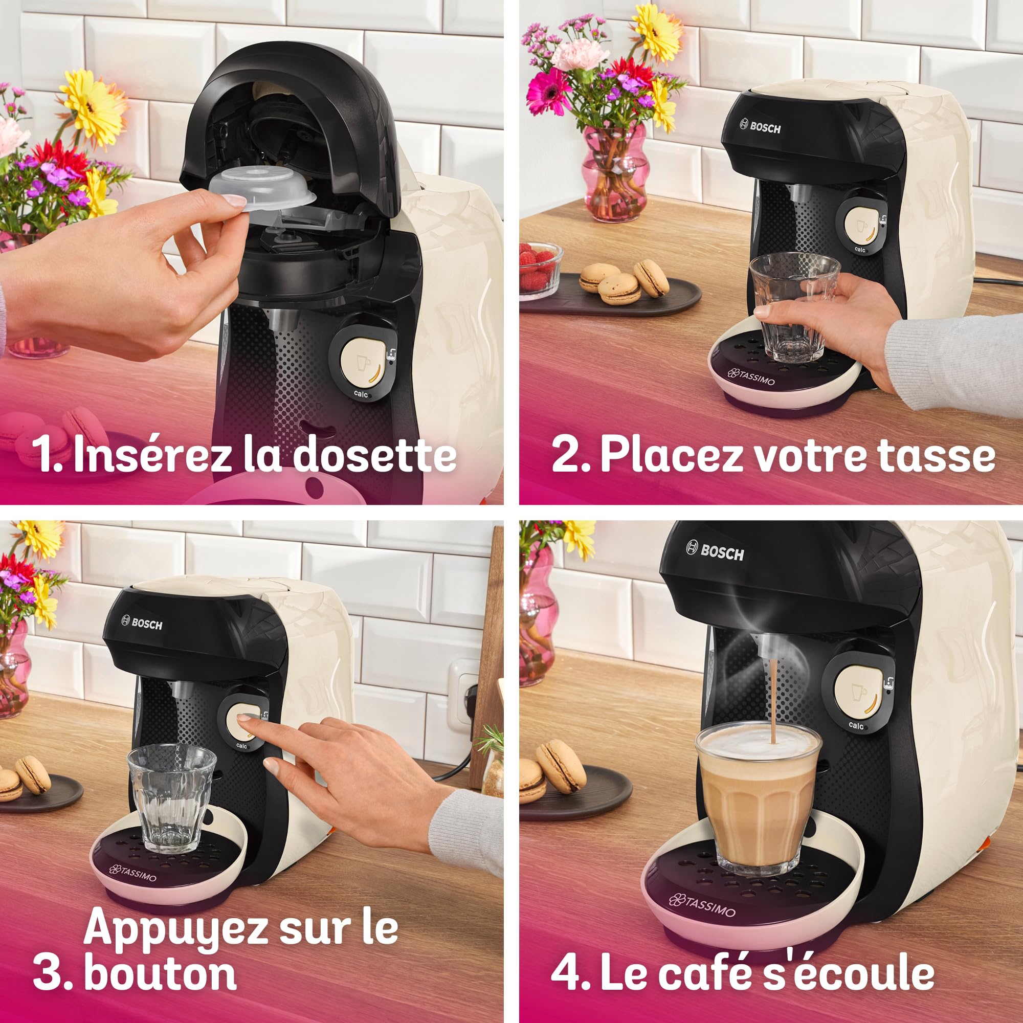 Bosch Machine à café multi-boissons Tassimo Happy friendly, TAS107E, plus de 70 boissons chaudes, OneTouch, cafétière à dosettes, Intellibrew, couleur crème