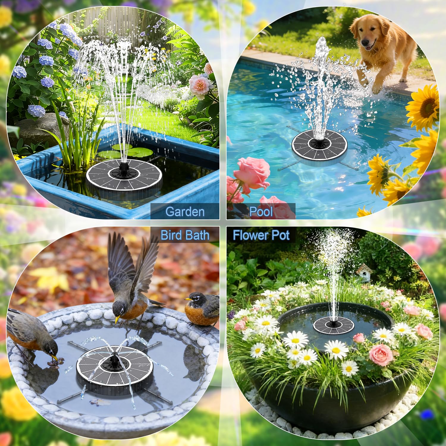 Fuente Solar 3.5W, Yzert Bomba de Agua Solar Vidrio, 3 Modos de Ajuste de Altura de Agua, 2000mAh Batería, 7 Boquillas & 4 Varillas Giratorias Fuente para Estanque para Jardín (Blanco)