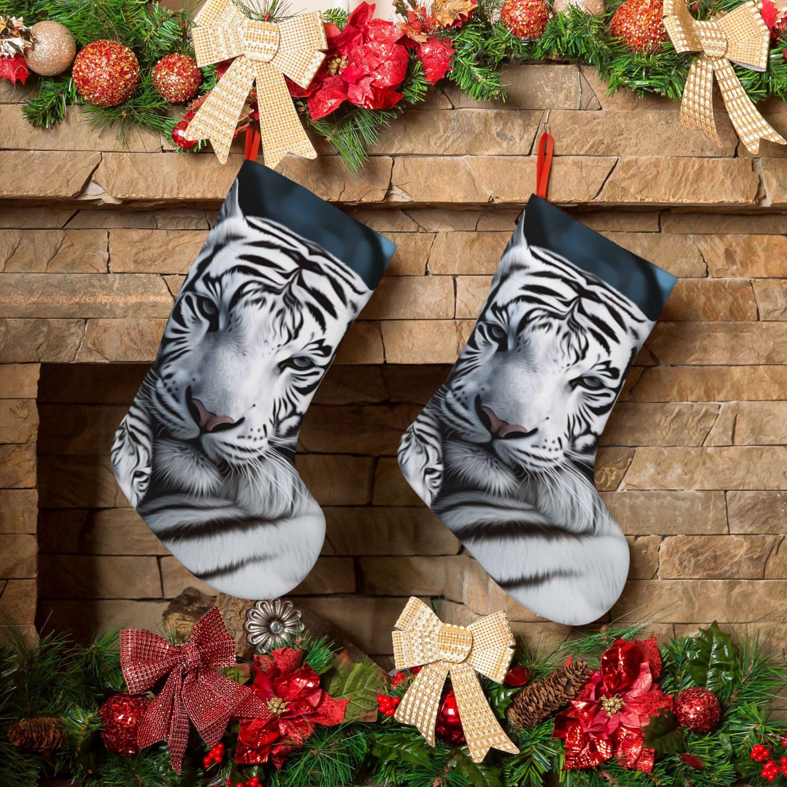 KLOPH Christmas Stockings 18" Personalized Xmas Stocking White Tiger Decoration Stocking Hanging Fireplace Stocking for Holiday Xmas Tree Christmas Fireplace Decor