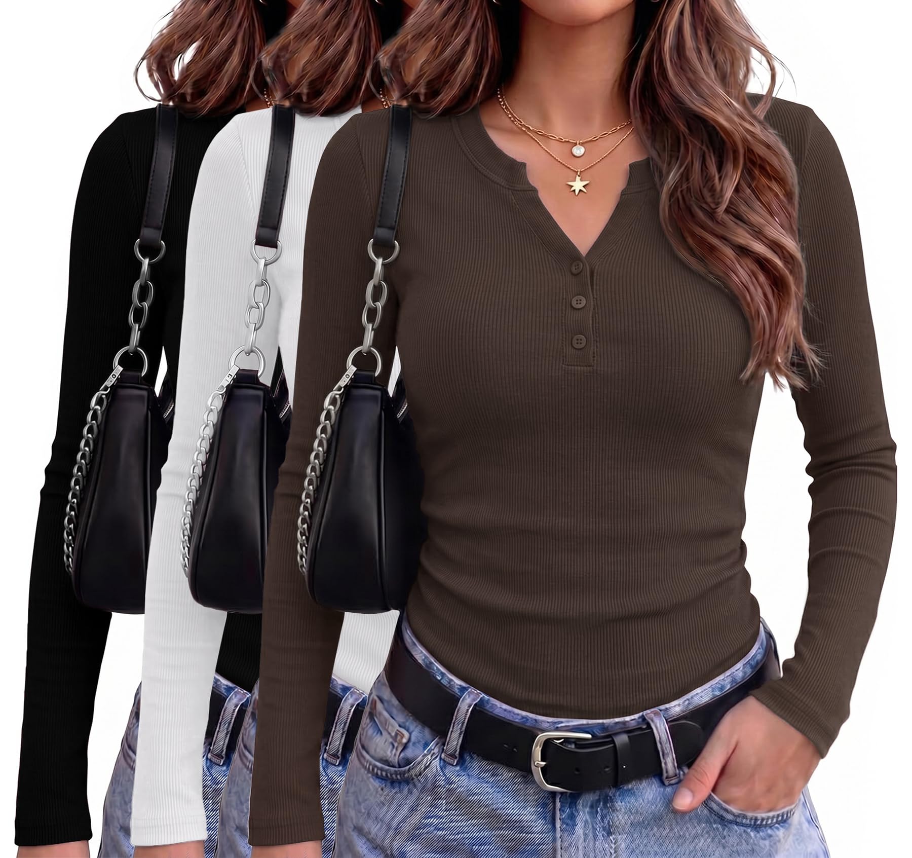 Demegimi T Shirt Femme Manche Longue Col V Bouton Côtelé Slim Pack de 2-3 | Pack de 2 Tee Shirt Femme Manche Longue Col V Côtelé Slim Basique Casual Printemps Automne Taille S a XXL