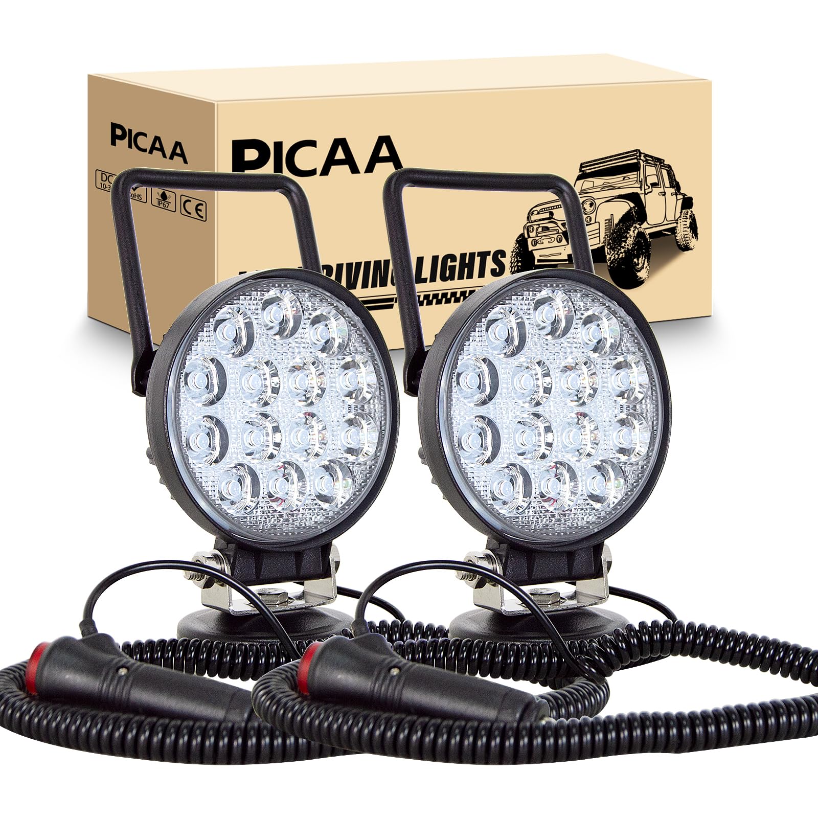 PICAA 2PCS 4 inch 42W Magnet Round Led Work Light Flood Beam Portable Magnetic Base Portable 12V 24V 6000K LED Driving Light Search Lights for Car Off road Truck 4x4 SUV ATV Tractors