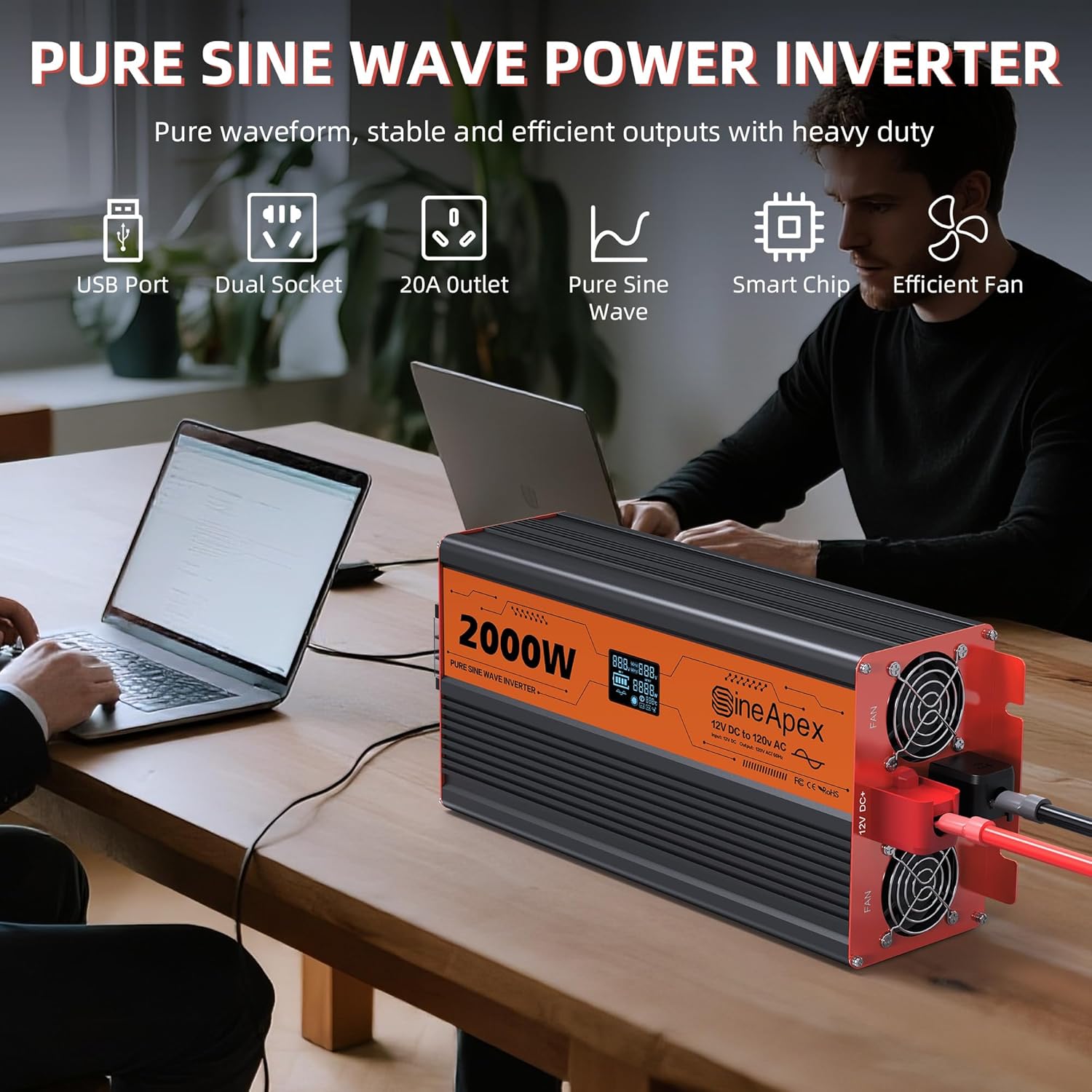 2000W Pure Sine Wave Inverter, Car Power Inverter 12V to 120V with Dual AC and 20A Socket, 18W+18W USB, 100W+30W Type-C, Surge 4000W, Remote Controller
