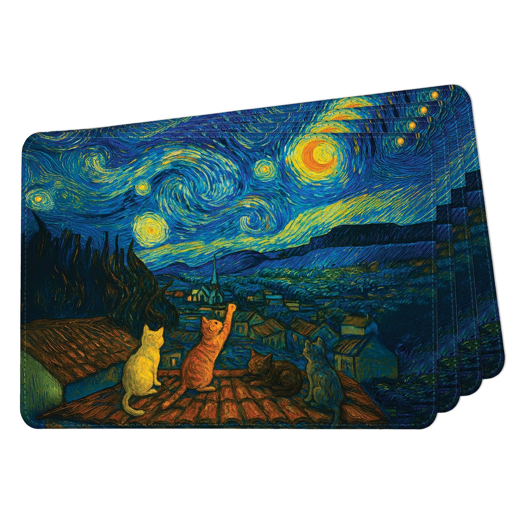 Set of 4 Faux Leather Placemats - Van Gogh Cats In The Starry Night - Waterproof Wipeable Dining Table Mats, 28 x 20cm