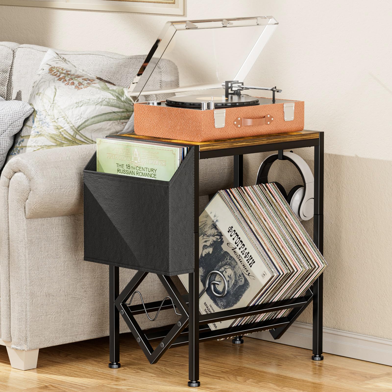 Supporto in Vinile per Dischi e Giradischi, Tavolo in Legno e Metallo, Fino a 80 LPs, con Ruote e Sacchetto di Stoffa Organizzatore (Nero)