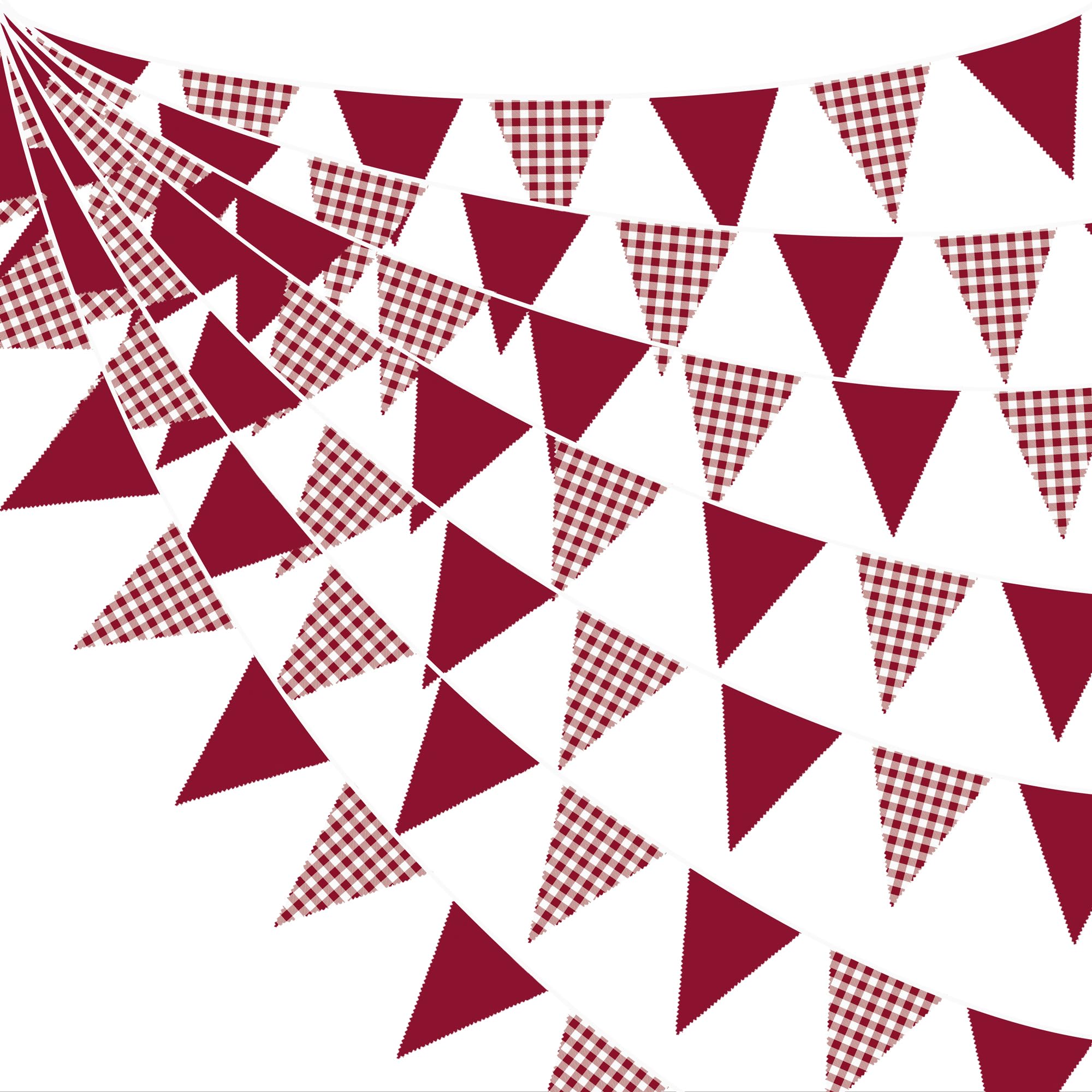 32Ft Burgundy Gingham Bunting Banner Party Decorations Burgundy Plaid Checkered Fabric Triangle Flag Pennant Garland for Graduation Retirement Birthday Baby Shower Valentine's Day Christmas Party