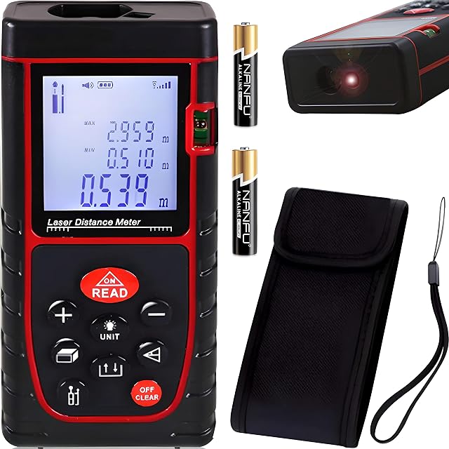Retoo Cyfrowy dalmierz laserowy z 2 bateriami i pokrowcem, miernik odległości, 40 m, podświetlenie LCD, wiele trybów pomiaru Pitagoras/odległość/powierzchnia/objętość IP54, wysoka precyzja