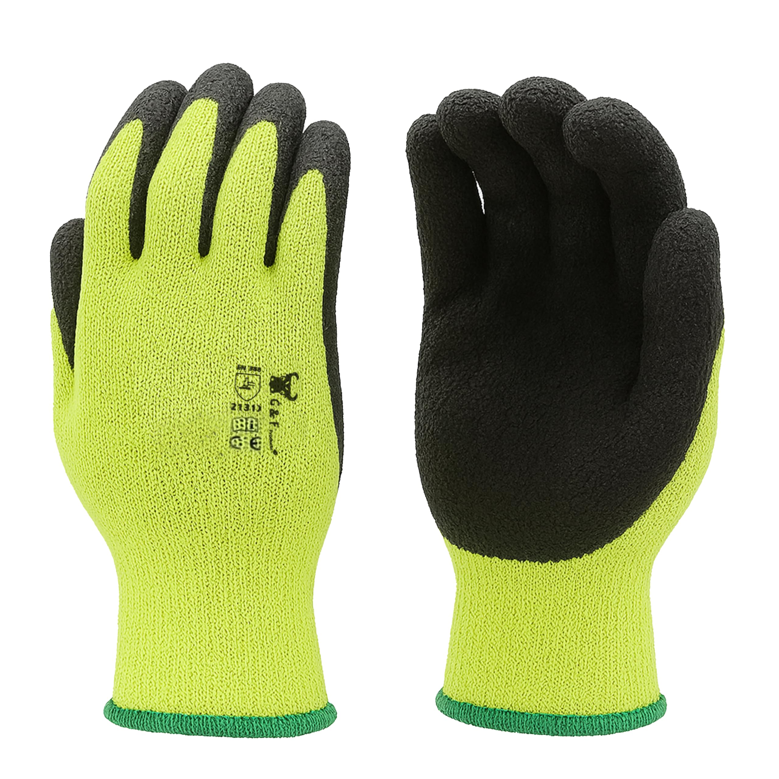 G & F 1516 12 Pairs Pack Premium High Visibility Low emissions Green Work and gardening Gloves for Men and Women.MicroFoam Textured Coated Palm and