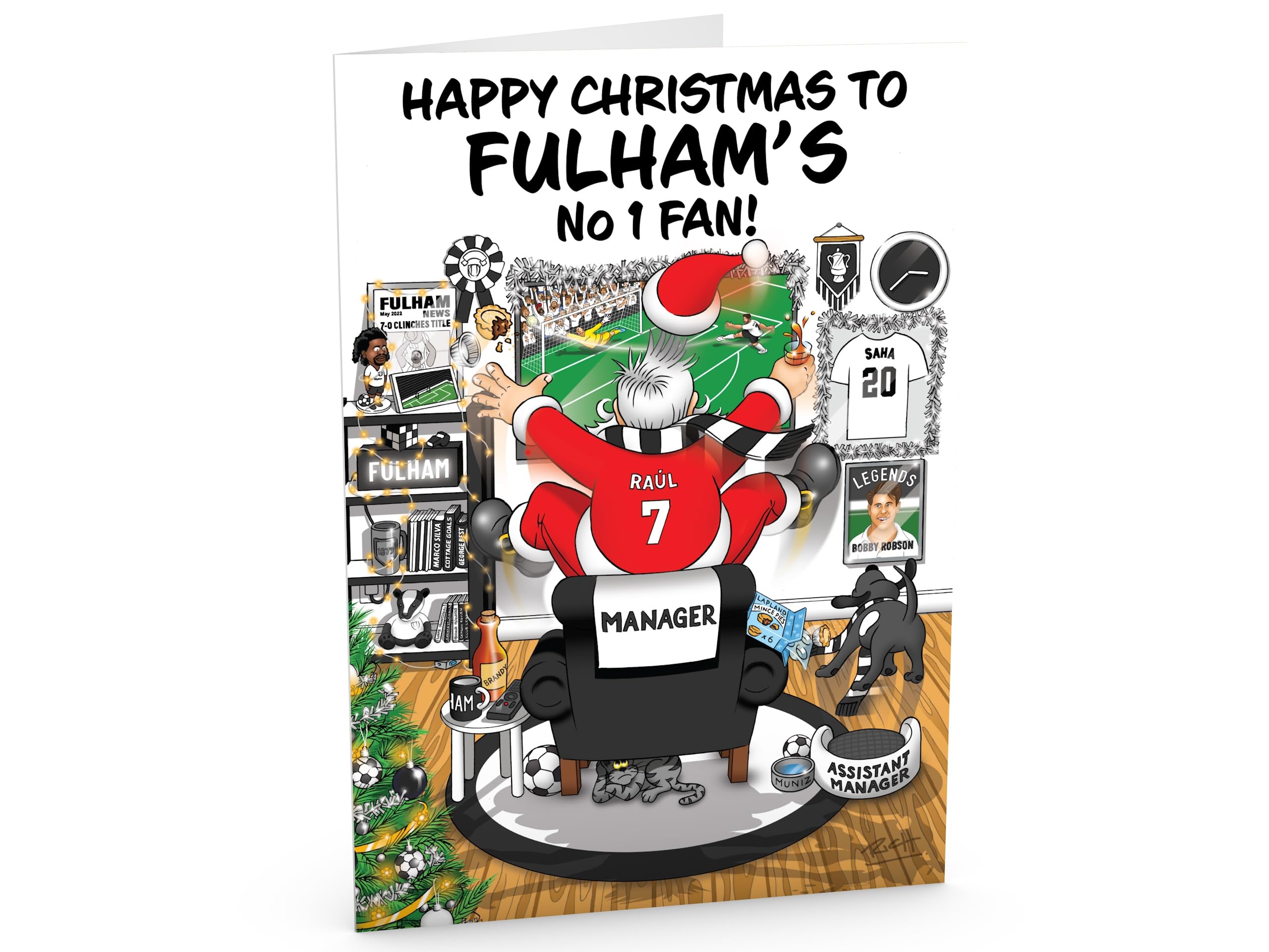 Football Christmas Card for Fulham Fans Pack of 6 Cards Santa Jumping Out of Chair to Support Team Funny Rear of Card Showing Rudolph Supporting Rival Club Large A5 Made in UK - Image 2