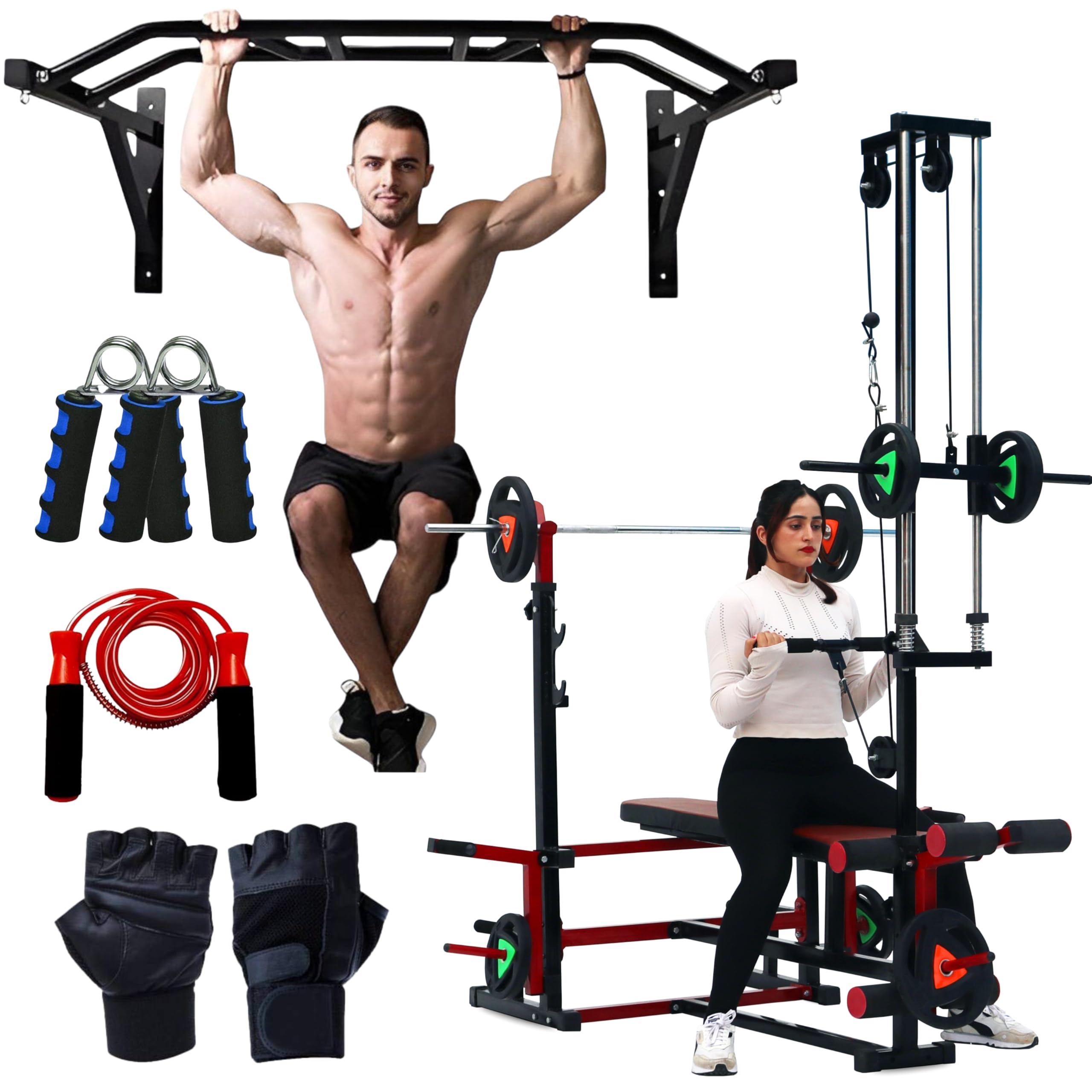 Home Gym Combo with Multi-Grip Wall Mounted Pull-Up Bar, Multi-Function 20in1 Weight Bench with LAT Pulldown & Barbell Rack, Hand Gripper, Skipping Rope & Workout Gloves for Home Gym-image-28