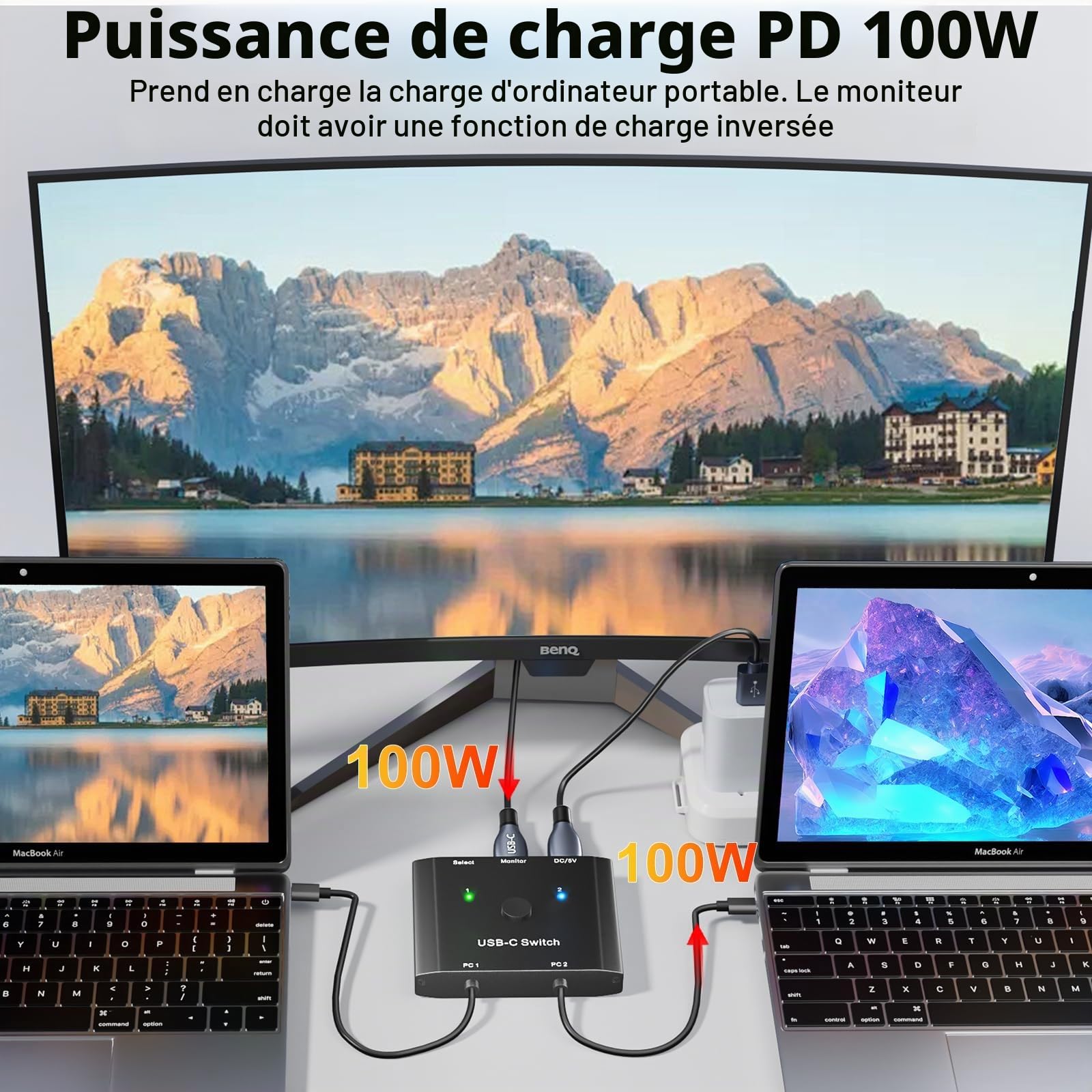 USB C Switch 2 in 1 out, KVM Switch USB-C for 2 Laptops 1 Monitor, 4K@120Hz, 10Gbps, 100W PD, USB3.1 Gen 2, Wired Remote(4K USBC 2 in 1 out KVM)