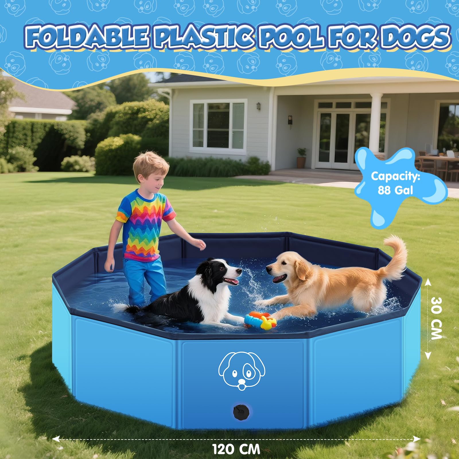 Piscine pour Chiens Grands et Petits en PVC Antidérapant, Piscine pour Chiens Pliable et Portable - Idéal Baignoire pour Chien(120 * 30 cm)