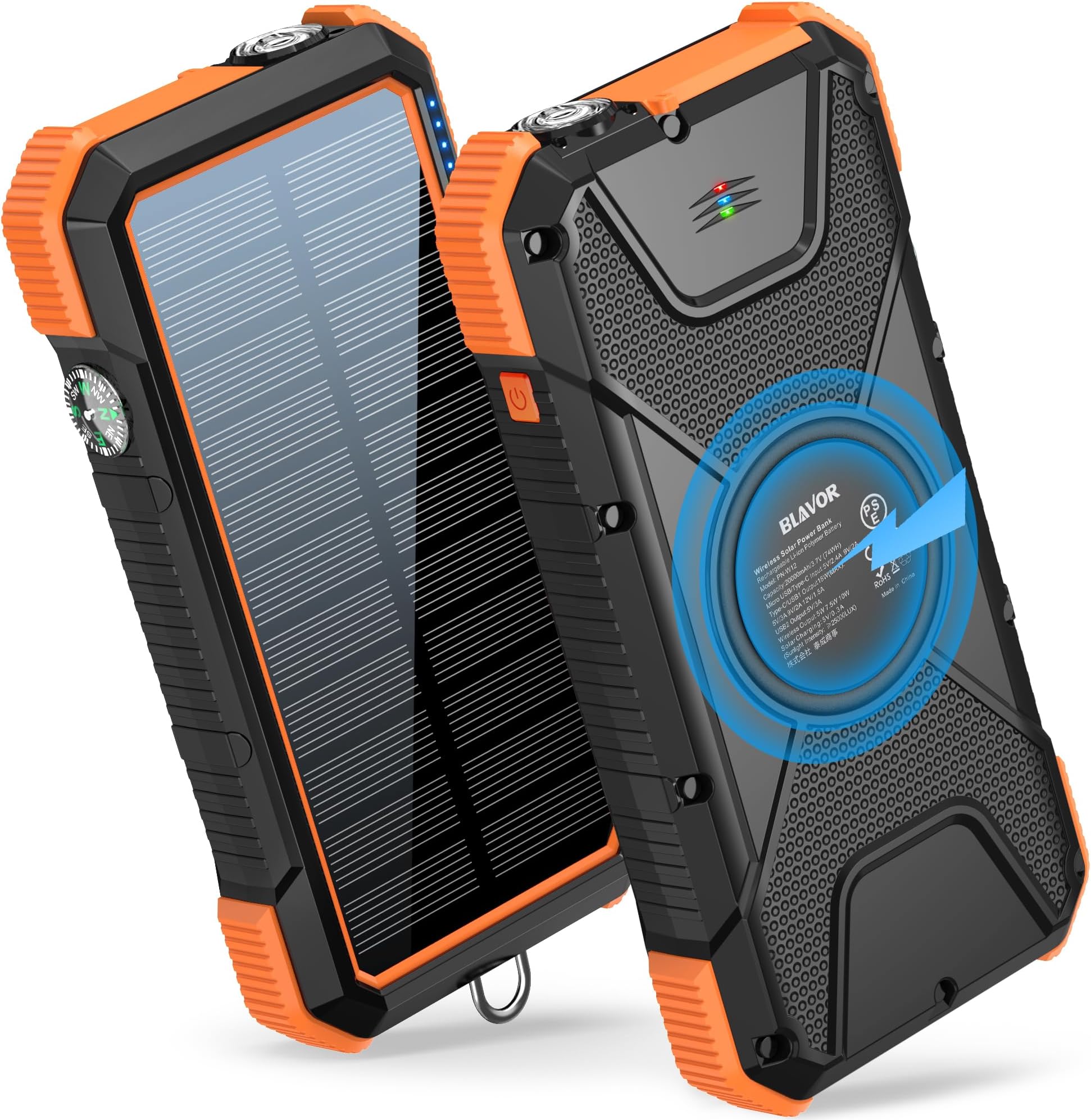 Solar Charger Power Bank 18W, QC 3.0 Portable Wireless Charger 10W/7.5W/5W with 4 Outputs & Dual Inputs, 20000mAh External Battery Pack IPX5 Waterproof with Flashlight & Compass (Orange)