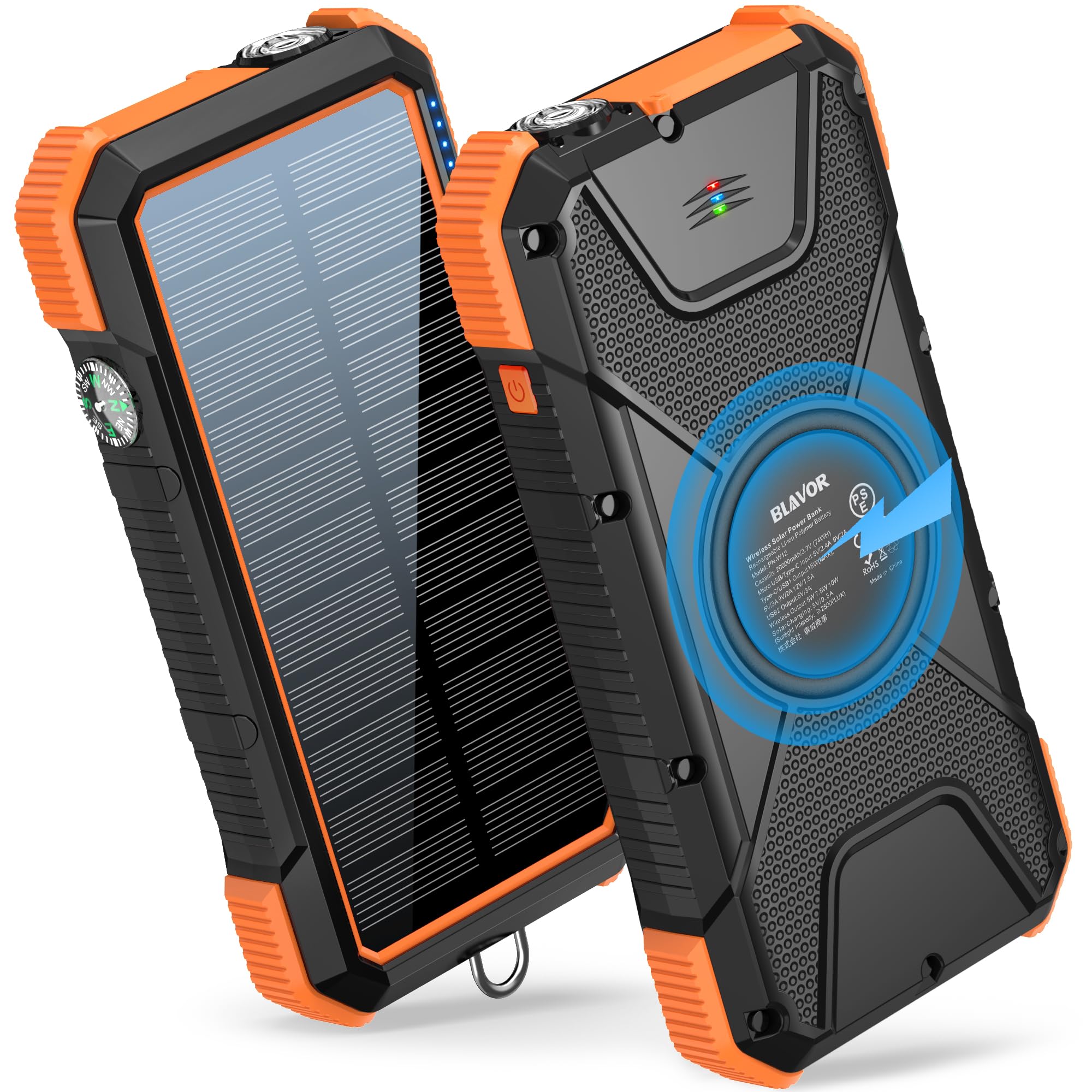 BLAVOR Solar Charger Power Bank 18W, QC 3.0 Portable Wireless Charger 10W/7.5W/5W with 4 Outputs & Dual Inputs, 20000mAh External Battery Pack IPX5 Waterproof with Flashlight & Compass (Orange)
