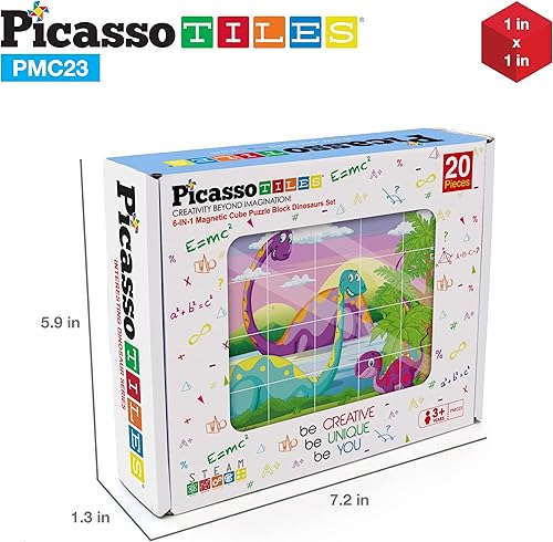 Miniatura 8 de PicassoTiles 20 piezas de rompecabezas de cubo magnético 6 en 1 con diseño de dinosaurio temático imán, cubos de construcción de 120 imágenes de