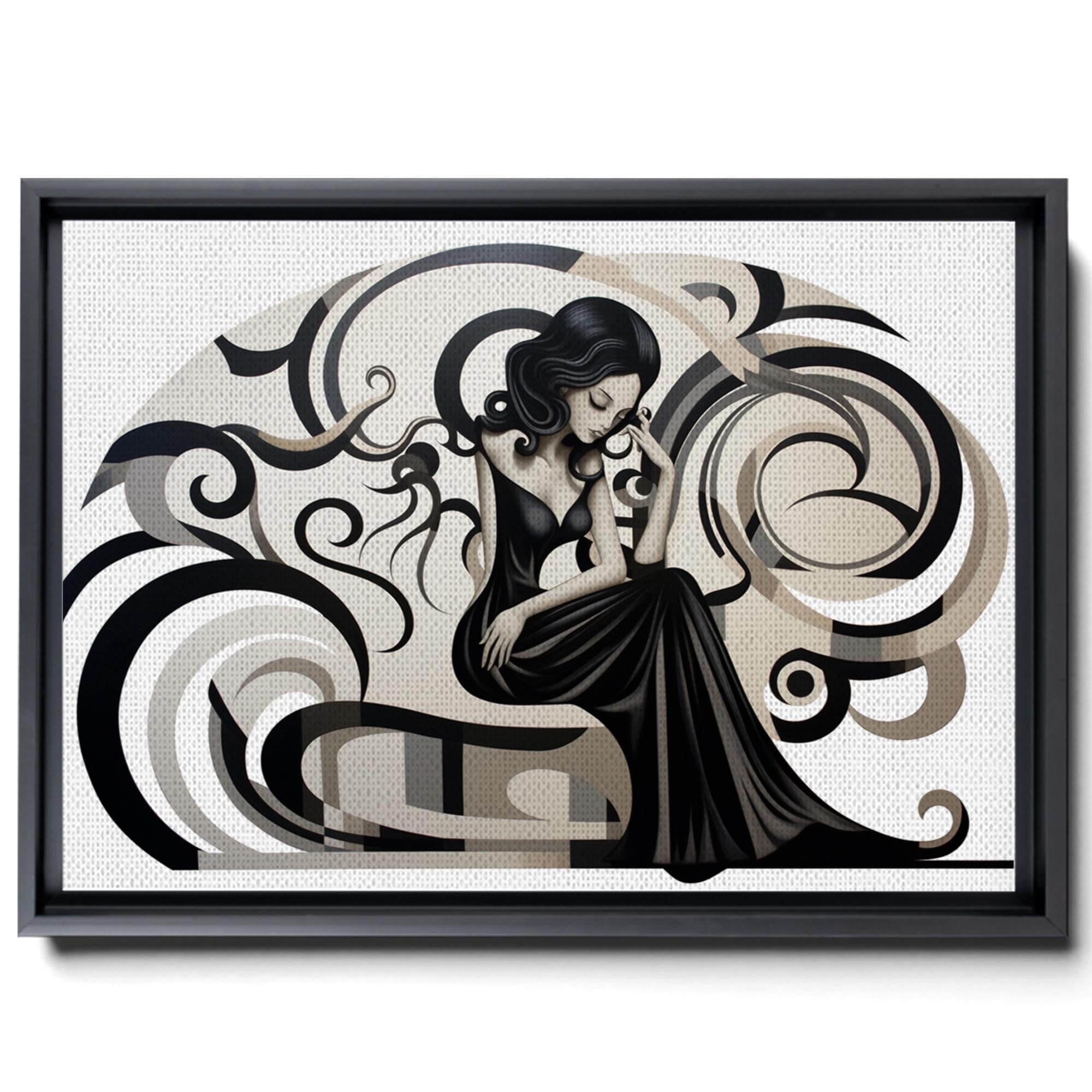 A Gray And Black Image With A Woman Sitting On Top, In A Graceful Curve Style, Graphic, Stylized Forms, Bold Curves, Light Beige And Black, Loose Gestures, Canvas