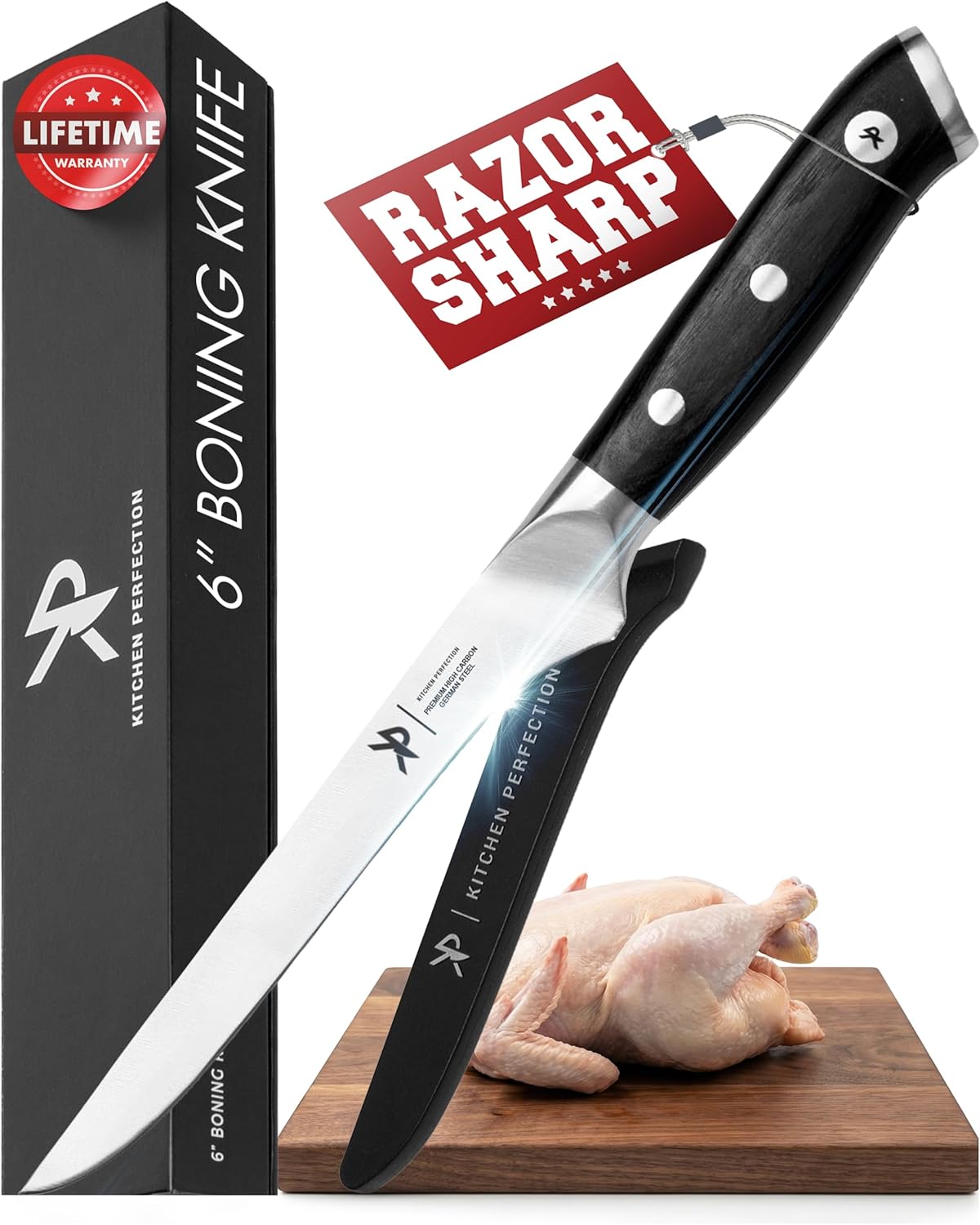 Kitchen perfection 6” Boning Knife for Meat Cutting & Filleting - Razor Sharp Premium German Steel Blade with Sheath - Full Tang Ergonomic Handle - Trim, Debone, Slice Meat Like a Pro- BBQ Men's Gift