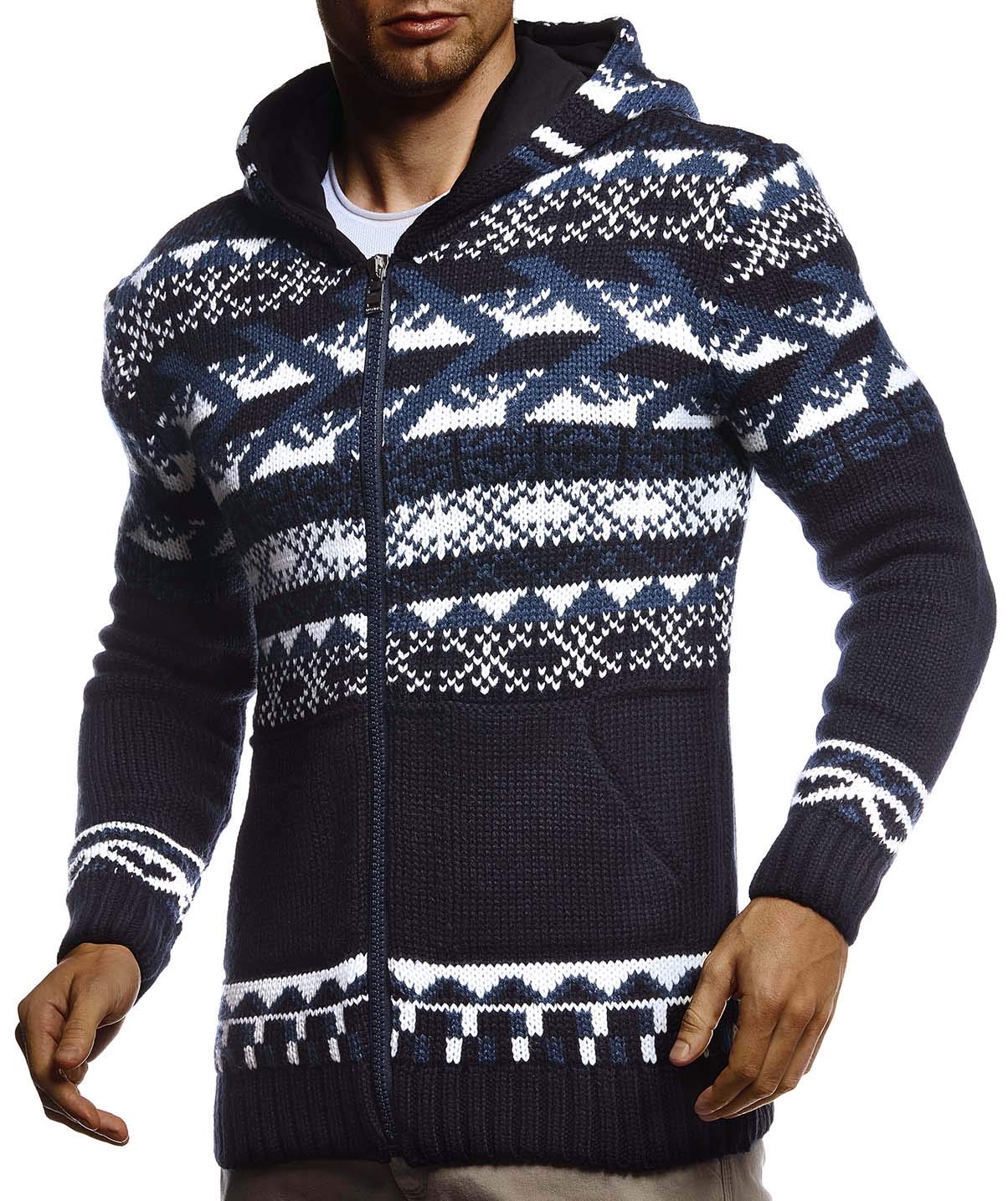 Leif Nelson Herren Strickjacke mit Kapuze Norwegerjacke Schwarze Winterjacke warme Kapuzenjacke Männer Jacke für Weihnachten Winter Norweger Muster Grobstrick Slim Fit LN20756