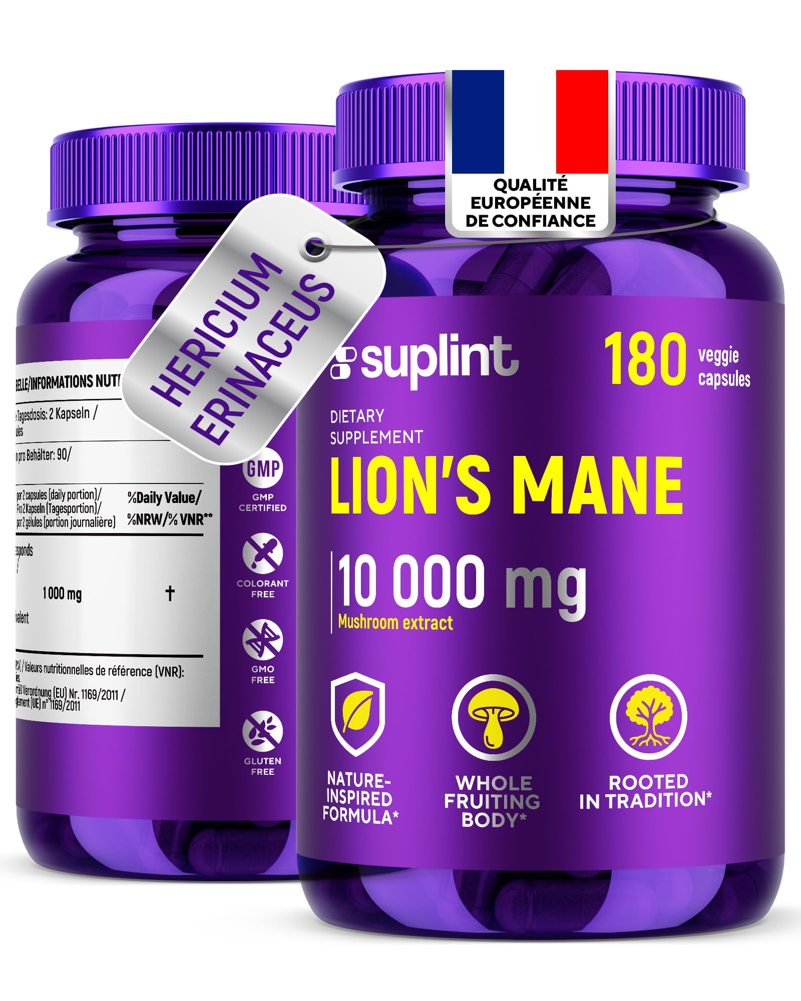 Lion's Mane - 10 000 mg - Gélules de crinière de lion – Extrait de champignon Hericium Erinaceus 10:1 – Naturel et sans OGM (180 capsules)