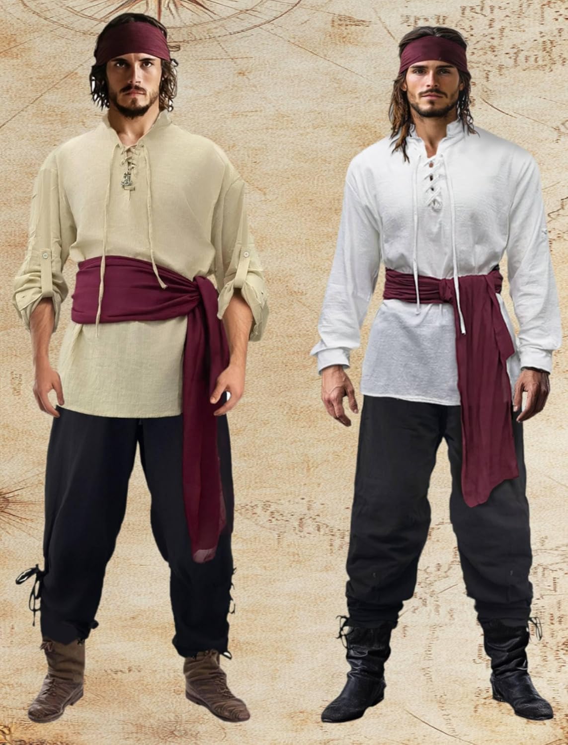 Verceco Mens Pirate Costume Outfit Renaissance Costume Men Medieval Outfit With Pirate Pants Shirts Sash Accessories (khaki, X-Large) - Image 5