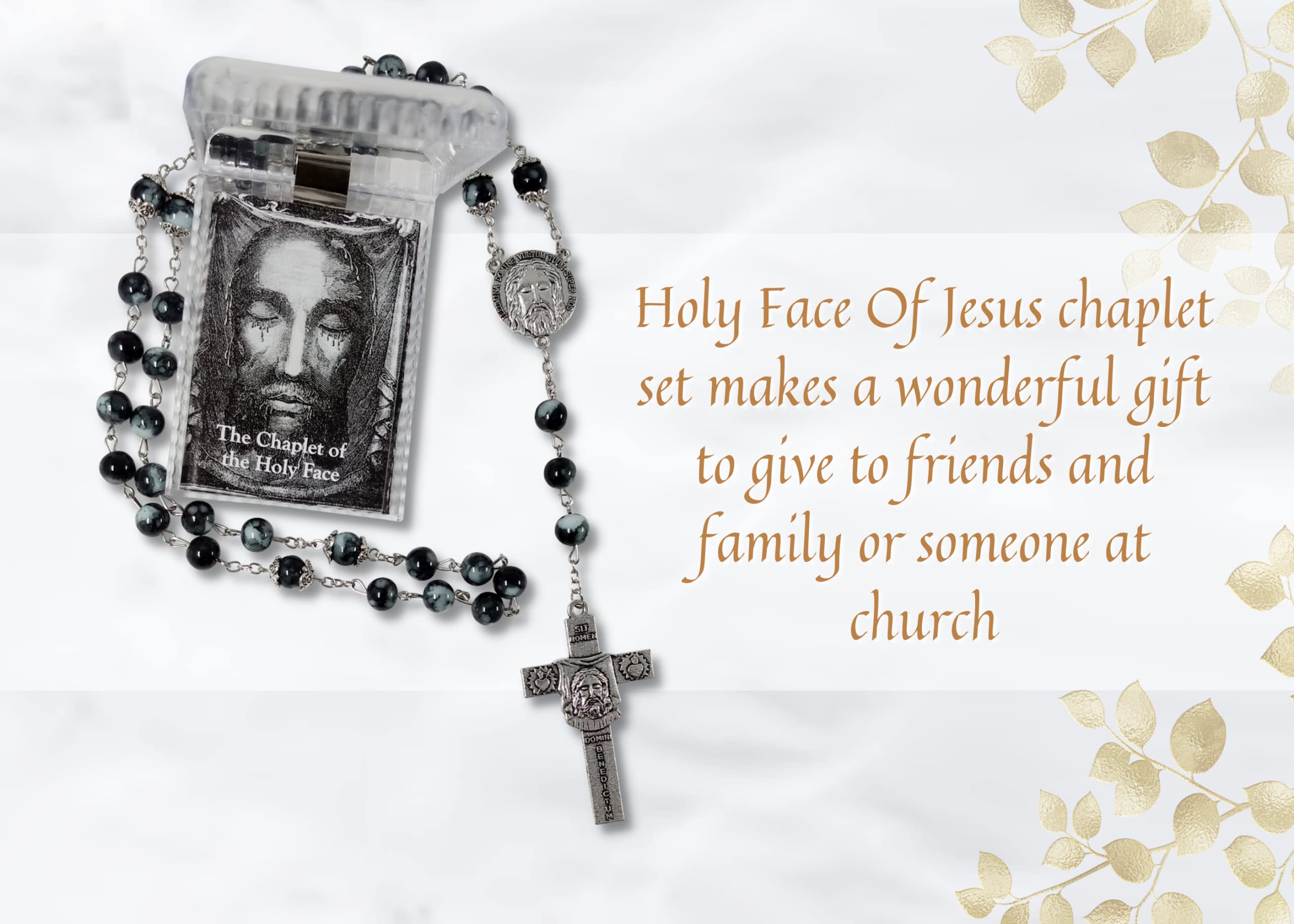 Holy Face Chaplet - with Holy Face Prayer Card | Holy Face Rosary with Crucifix Featuring Shroud Of Turin, Holy Face Of Jesus Veronica's Veil Devotion Prayer, Lord's Prayer Card | 3 Items Set