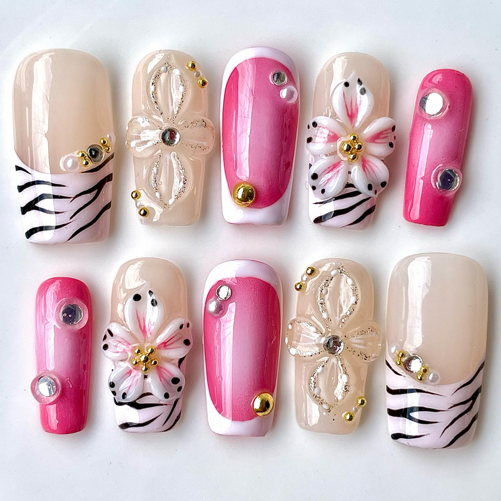 Handmade Press On Nails Short-Medium Square Bold Pink Zebra Stripes & 3D Floral | Glitter Flowers With Gold Accent | Reusable Acrylic Fake Nails for