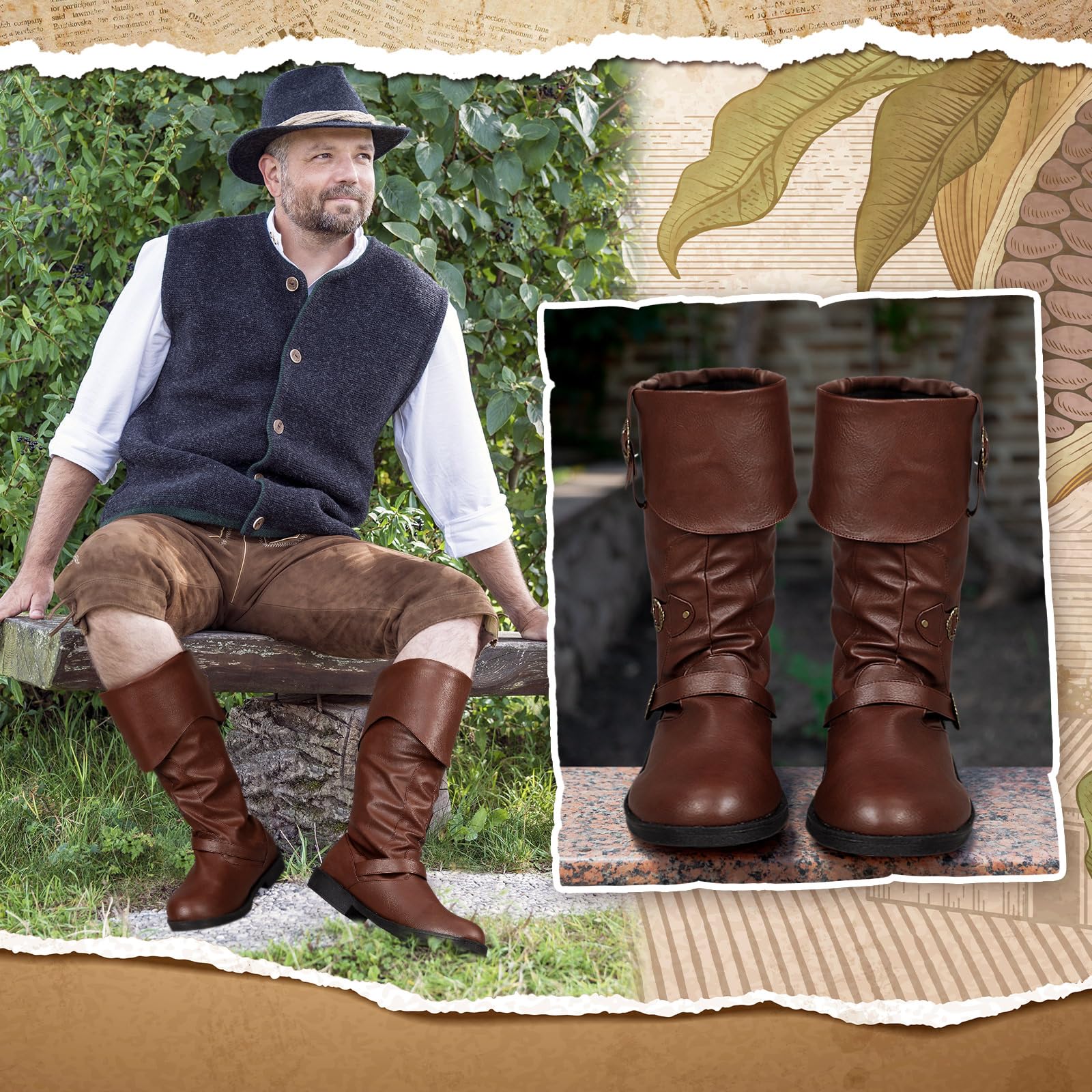 Cuffbow Botas de disfraz de pirata para hombre, medieval, renacentista, steampunk, para cosplay, Halloween, gótico, con botones, zapatos de piel