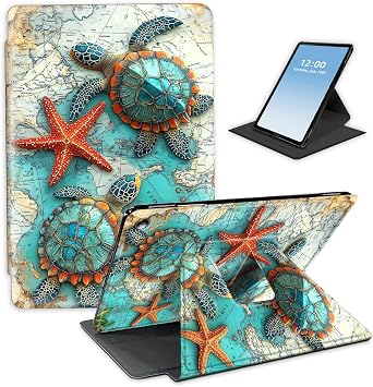 HGGJFLYX Case for Kindle Fire 7 12 Gen 2022 Tablet,360 Degree Rotating Multi-Angle Viewing Stand Fold Leather Tablet Cover 7 for Kindle Fire 7 Kids,Auto Sleep/Wake,Map Turtles Starfish
