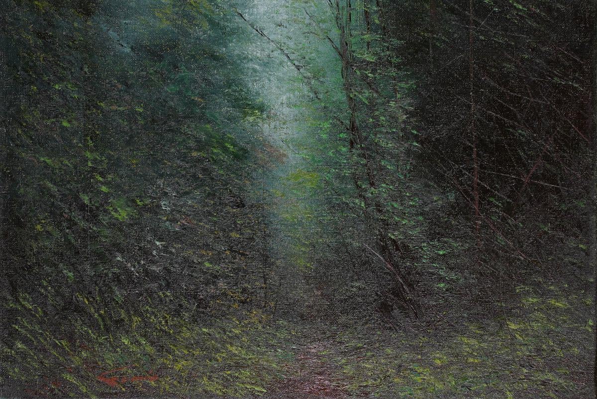 板垣文雄 油彩画 NO.1953 1988年制作 山形県古寺への経にて黒檀額付き