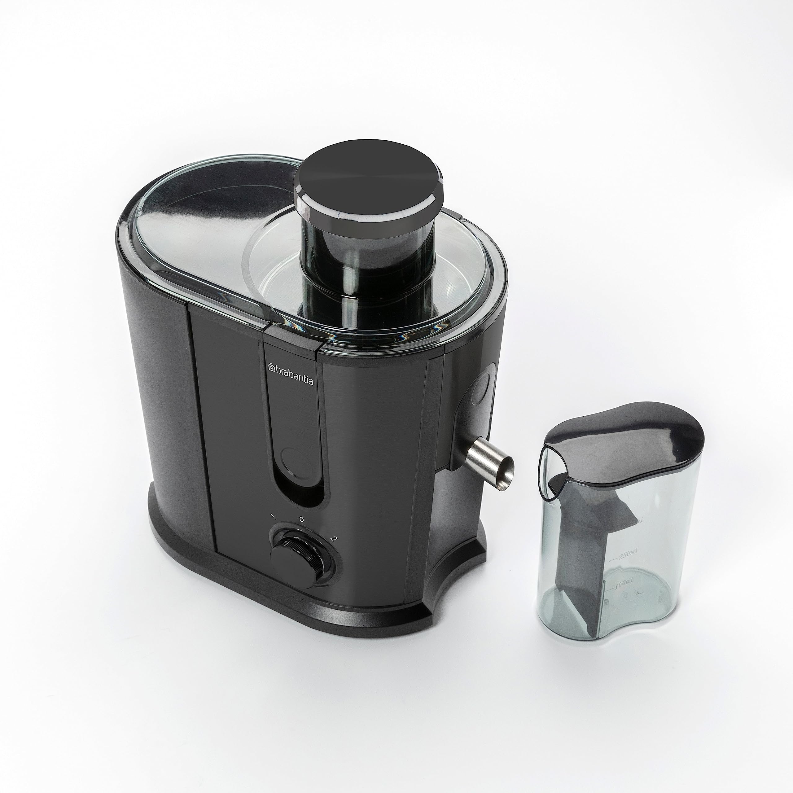 Extractora de Zumo Brabantia, 500 Vatios, Recipiente de Pulpa 1 L | Jarra de Zumo 0,35 L, 2 Velocidades, Licuadora Potente, Eléctrica, Verduras y Frutas, Acero Inox, Negro, BBEK1123BK