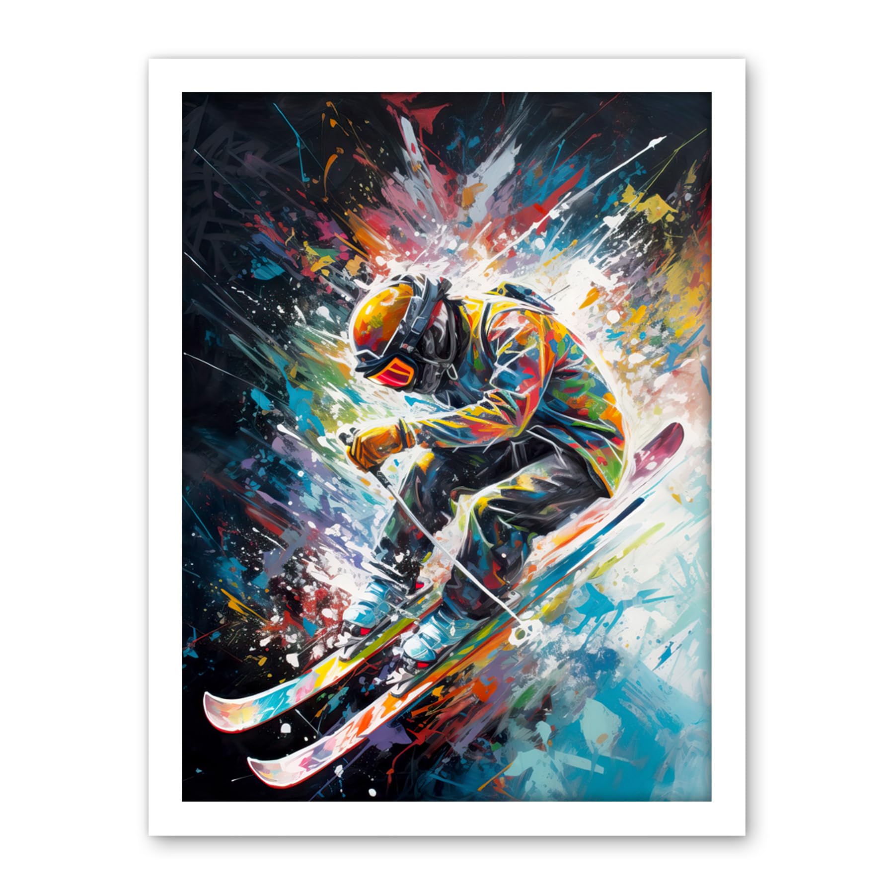 Artery8 Skier Skiing Vibrant Splatter Art Motion Painting Artwork Framed Wall Art Print 18X24 Inch