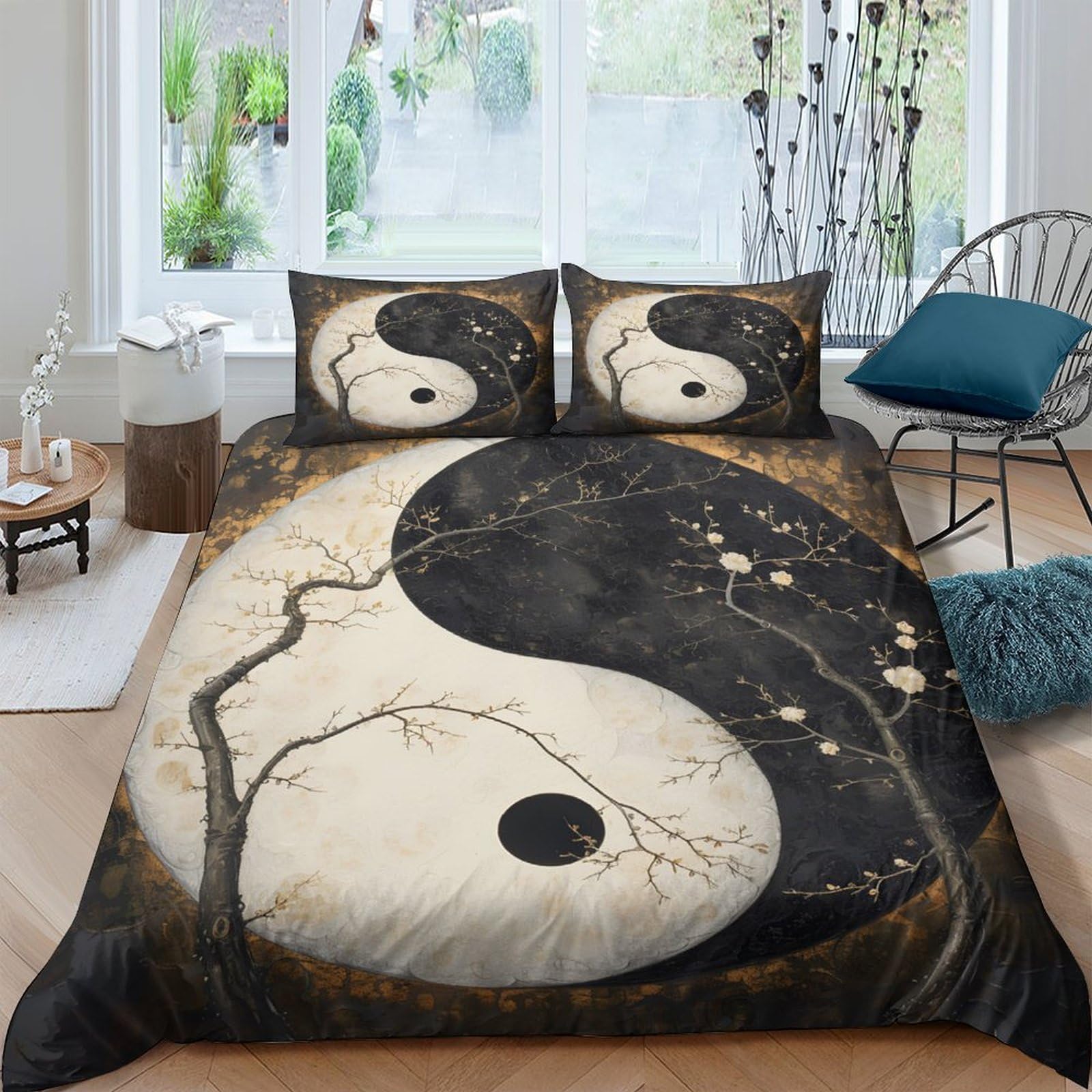 Ctjqhvkz Style-7 3D Printed Yin Yang Tree Fitted Sheet Microfiber Soft Black White Zen Art Bed Cover For Bedroom Guest Room Decor Single（135X200cm）