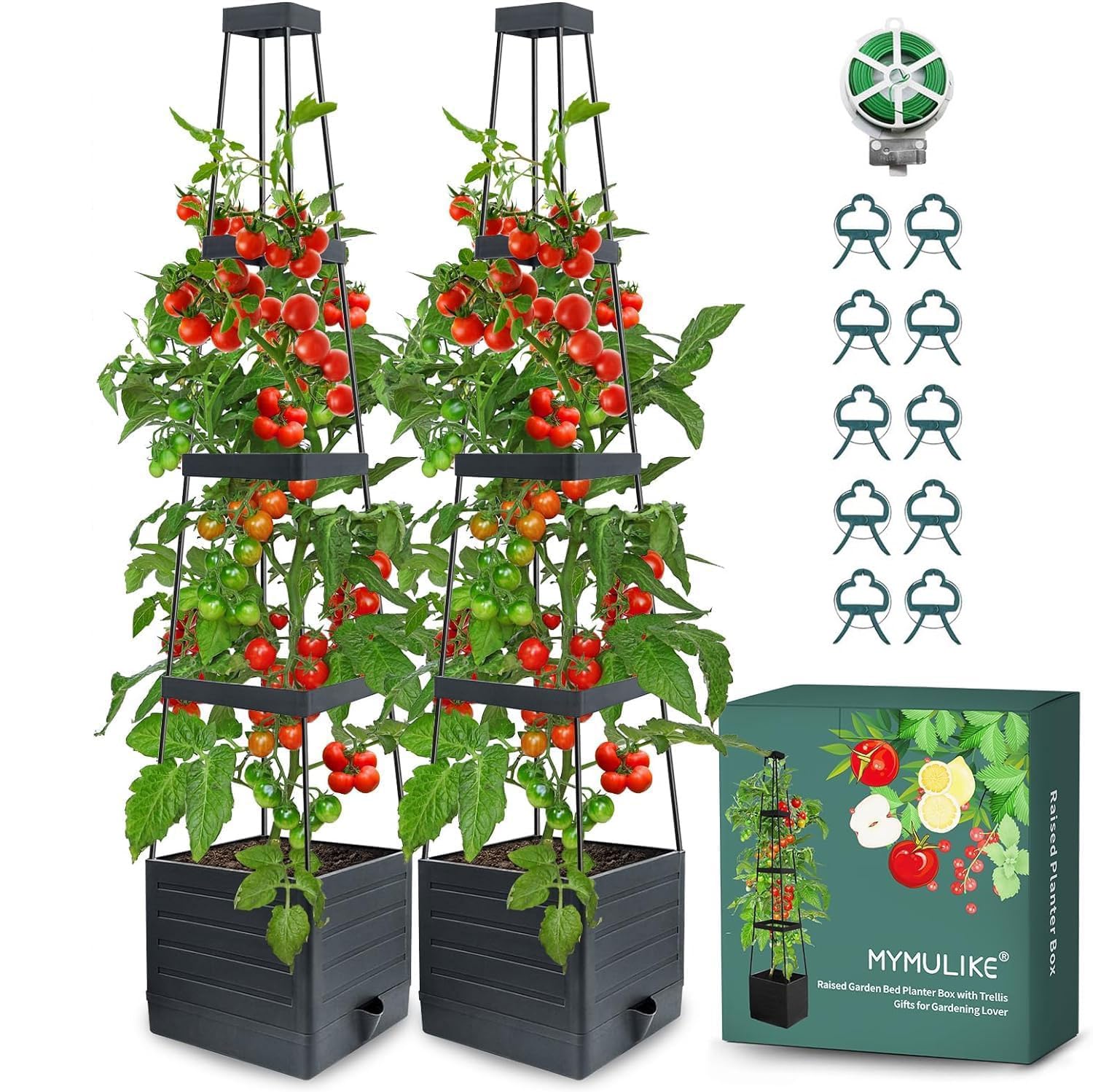 MYMULIKE 2 Stück Tomatentopf mit Rankhilfe, 145 cm Selbstbewässerung Tomaten Rankhilfe, Tomatenturm mit Wasserspeicher, Pflanzkübel Pflanzenstütze für kletternde Pflanzen/Blumen