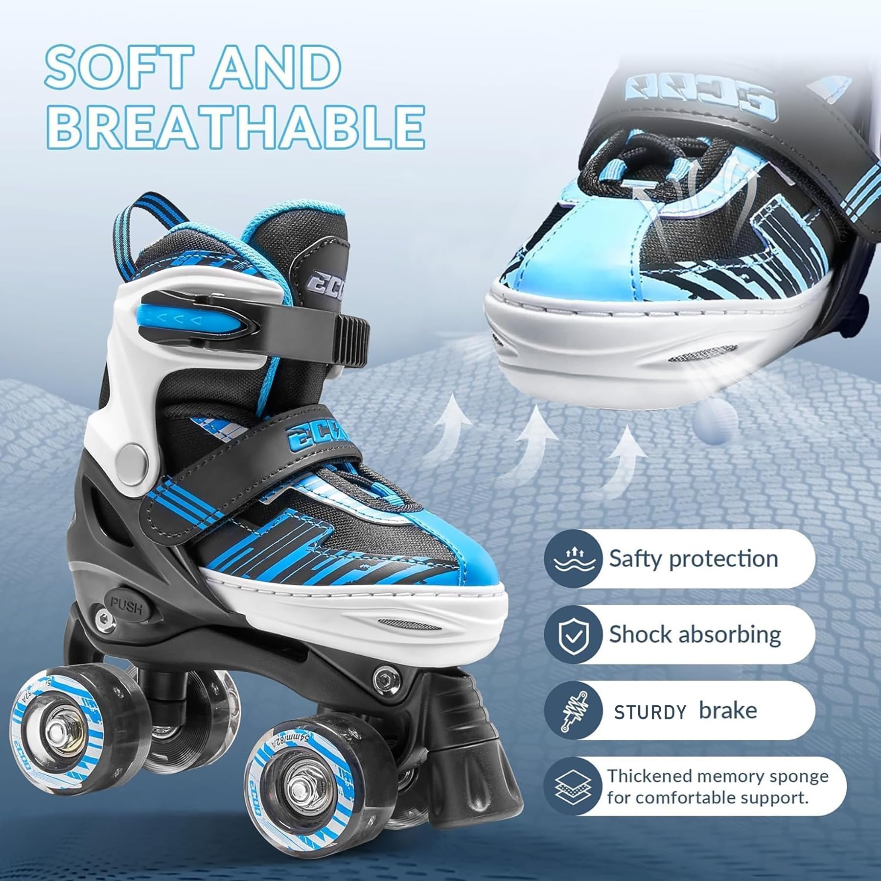Patines para niñas y niños de 4 a 12 años, ruedas ajustables con luz de 4 tamaños, patines para principiantes (azul, mediano y grande (13j-3 US)) 3