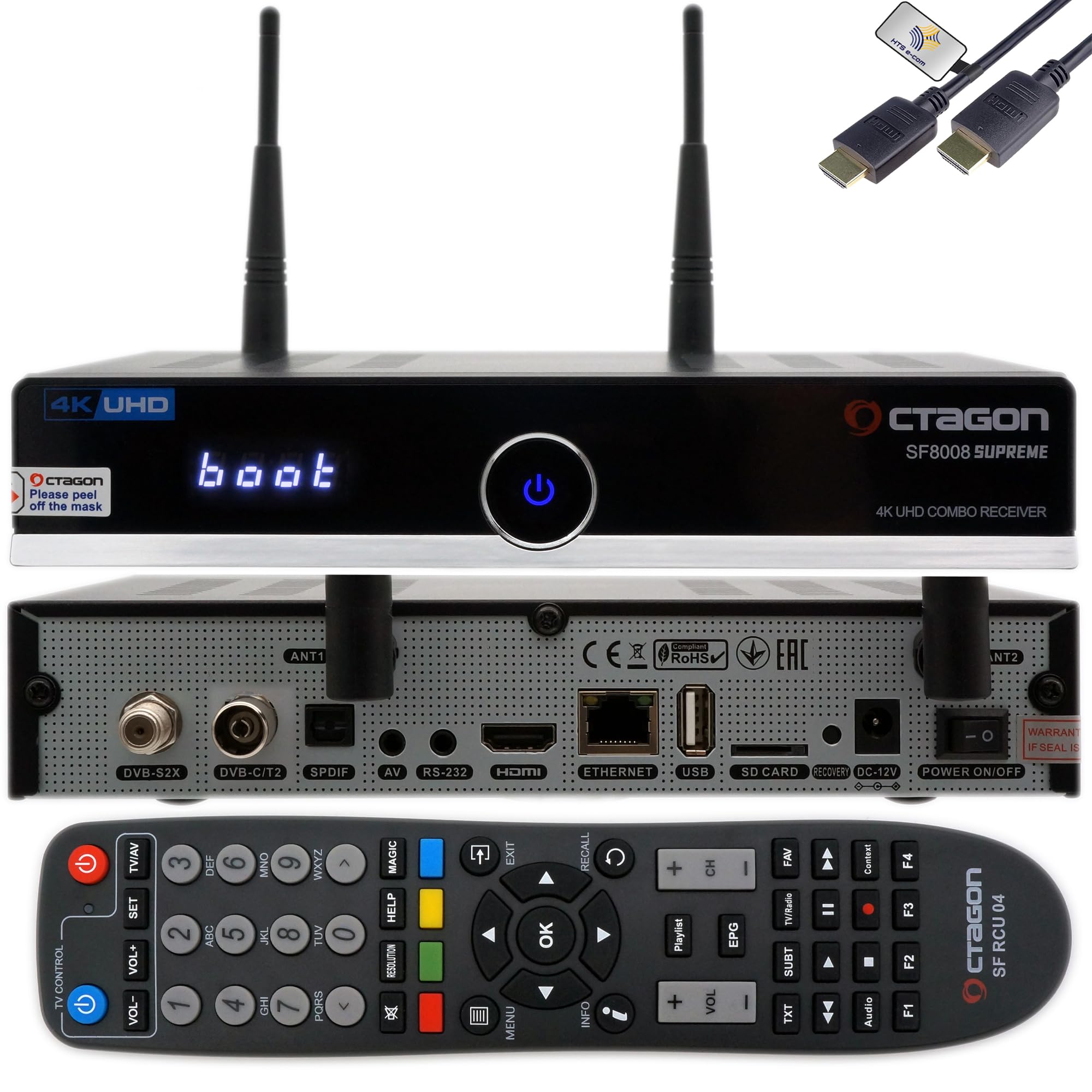 Octagon SF8008 4K Combo Supreme V3 UHD E2 2xDVB-S2X Linux PVR Combo Sat Receiver, WiFi de Doble Banda 2,4/5G, LAN de 1 Gbit, Interfaz M.2, HDR 10, BT 5.1, Mando a Distancia IR, Cable HDMI HTS e-com