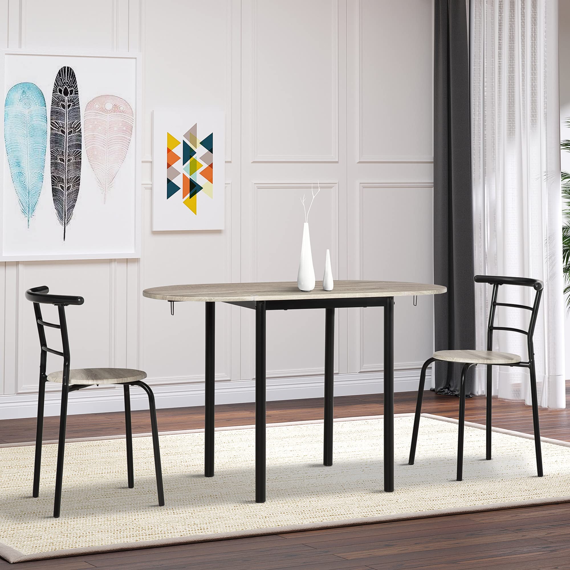 HOMCOM Set da Pranzo 3 Pezzi con 2 Sedie e 1 Tavolo da Pranzo Ovale in MDF e Acciaio per Spazi Limitati, Color Legno