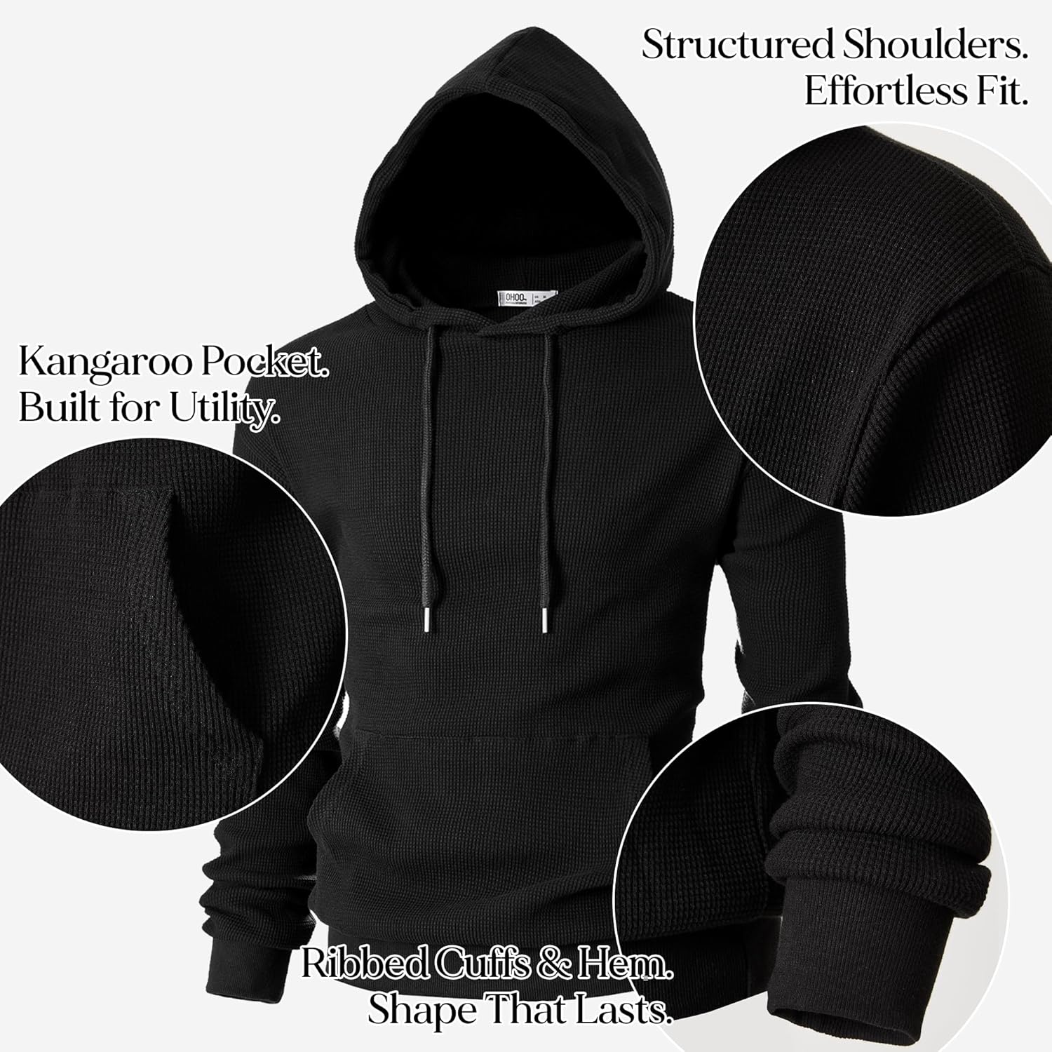 Ohoo Mens Slim Fit Waffle Knit Cotton 100% Basic Pullover Hoodies Sweatshirt Lightweight Long Sleeve with Kanga Pocket - Image 5