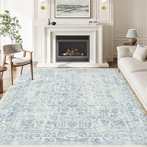 Miniatura 6 de Blue Area Rug 5x7 Machine Washable Vintage Living Room Distressed Non Slip Carpet Traditional Indoor Bedroom Retro Floral Accent Throw Large Rug